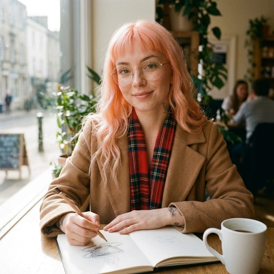 Scout, with peach hair and round gold glasses, sketching in a notebook at a cafe table with a cup of coffee beside her