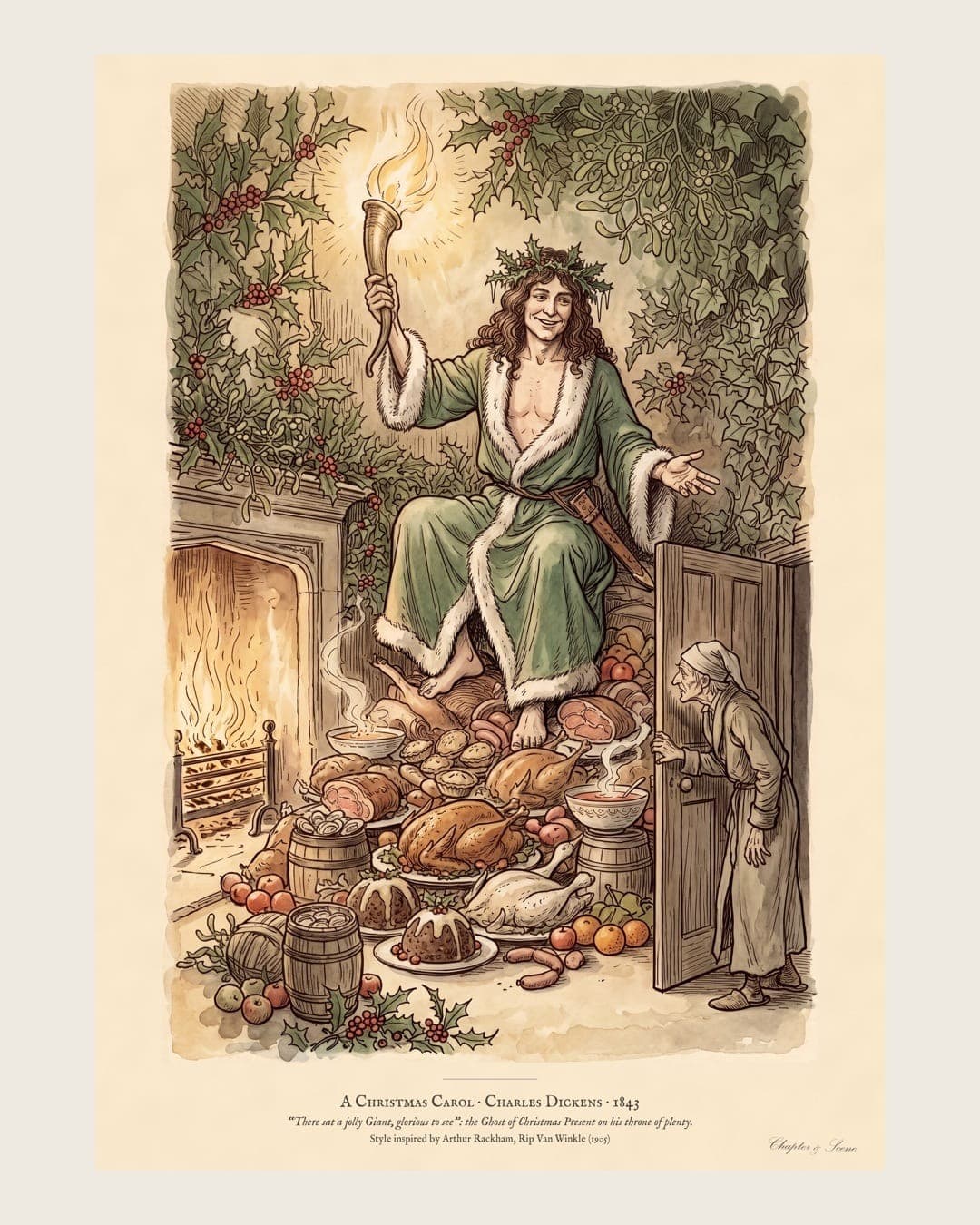 A Christmas Carol art print in Edwardian ink and watercolour style: the Ghost of Christmas Present in a green fur-trimmed robe and holly crown sits on a heap of Christmas food as Scrooge peers round the door. Shown framed in black, white or natural oak and unframed, with the style reference and behind-the-scenes shots.