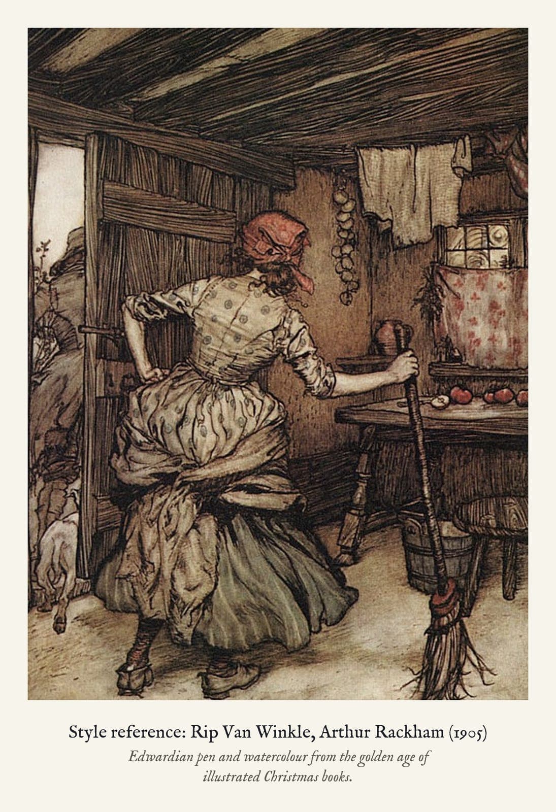 Style reference: Rip Van Winkle, Arthur Rackham (1905). Edwardian pen and watercolour from the golden age of illustrated Christmas books.
