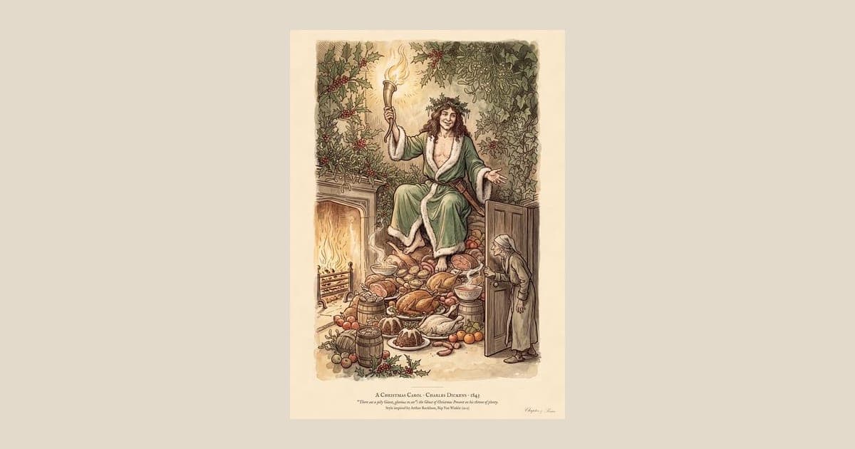 A Christmas Carol art print in Edwardian ink and watercolour style: the Ghost of Christmas Present in a green fur-trimmed robe and holly crown sits on a heap of Christmas food as Scrooge peers round the door. Shown framed in black, white or natural oak and unframed, with the style reference and behind-the-scenes shots.