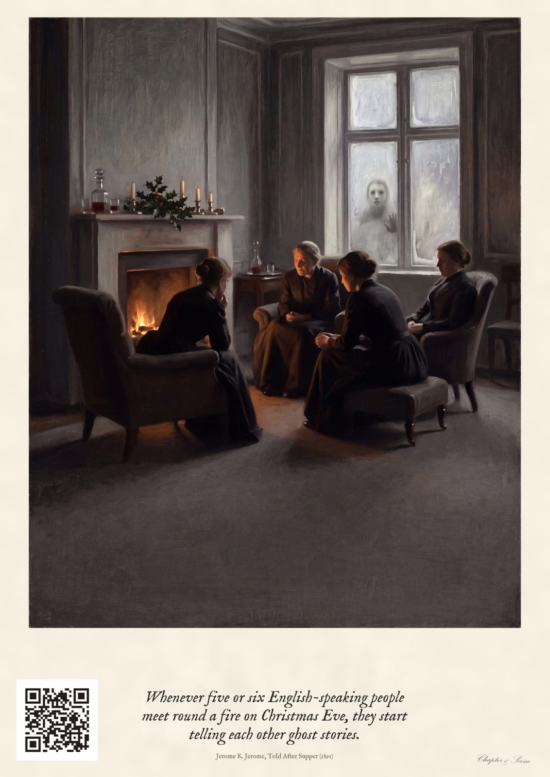 Victorian Christmas ghost story print in a warm engraving: five or six people round a parlour fire on Christmas Eve, candles low and holly on the mantel, with a pale face at the frosted window behind them.
