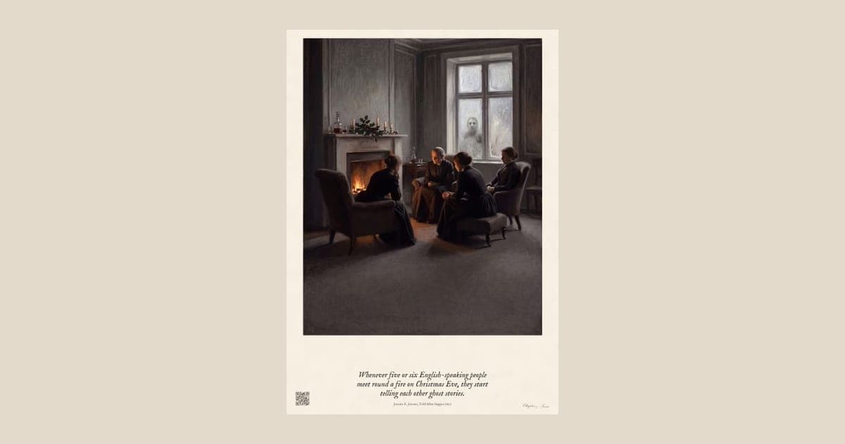 Victorian Christmas ghost story print in a warm engraving: five or six people round a parlour fire on Christmas Eve, candles low and holly on the mantel, with a pale face at the frosted window behind them.