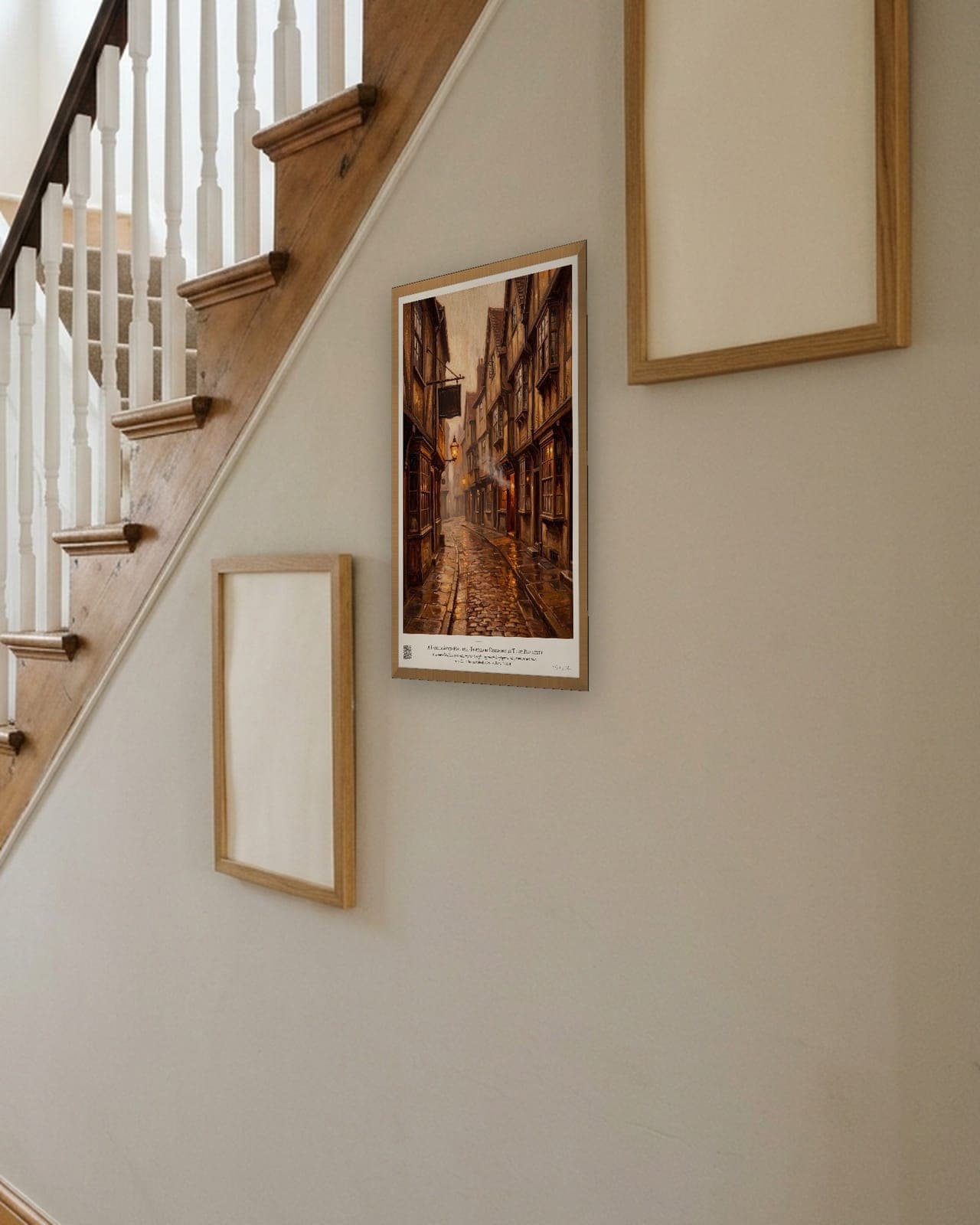 A Lane in Ankh-Morpork: Natural oak frame, A3, staircase gallery wall