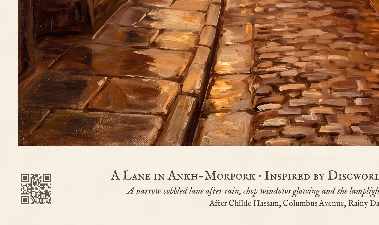 A Lane in Ankh-Morpork: Close-up of the sheet: the caption and the QR code to the story