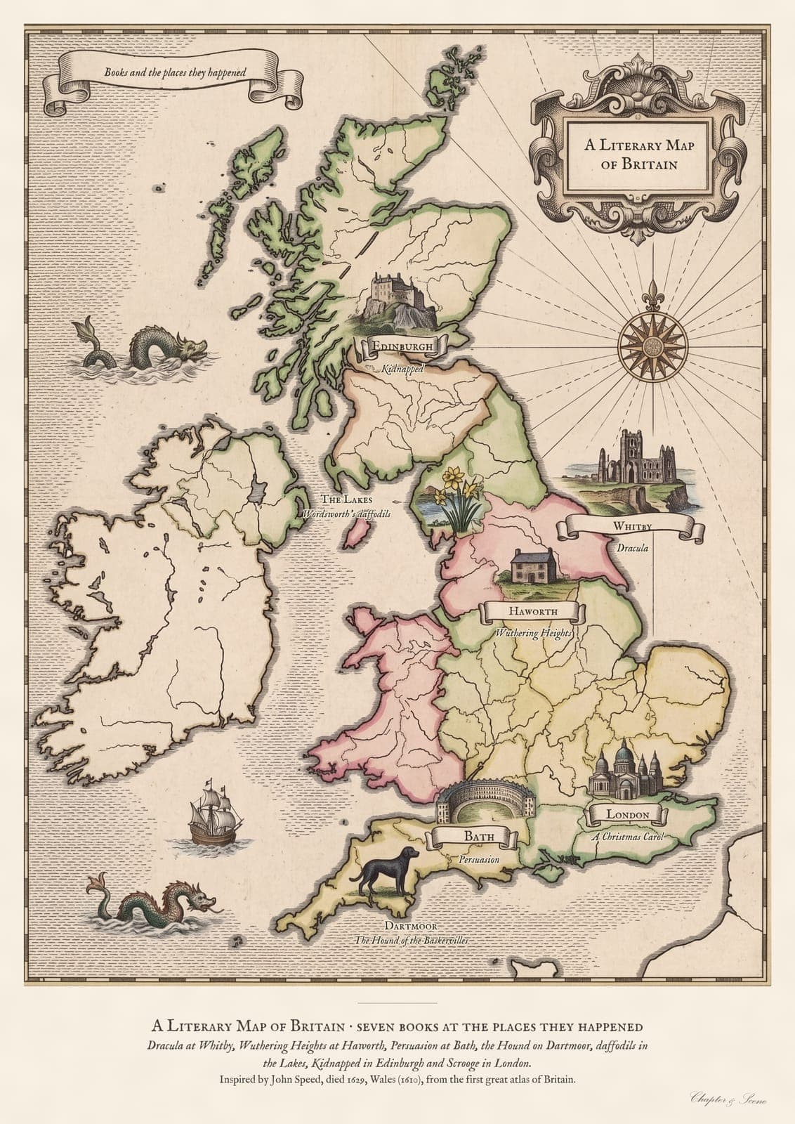 Literary map of Britain print as an antique hand-coloured county map: Whitby, Haworth, Bath, Dartmoor and Ullswater marked with the book beside each and a tiny vignette, in a decorated border with a cartouche reading A Literary Map of Britain.