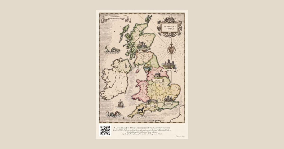 Literary map of Britain print as an antique hand-coloured county map: Whitby, Haworth, Bath, Dartmoor and Ullswater marked with the book beside each and a tiny vignette, in a decorated border with a cartouche reading A Literary Map of Britain.