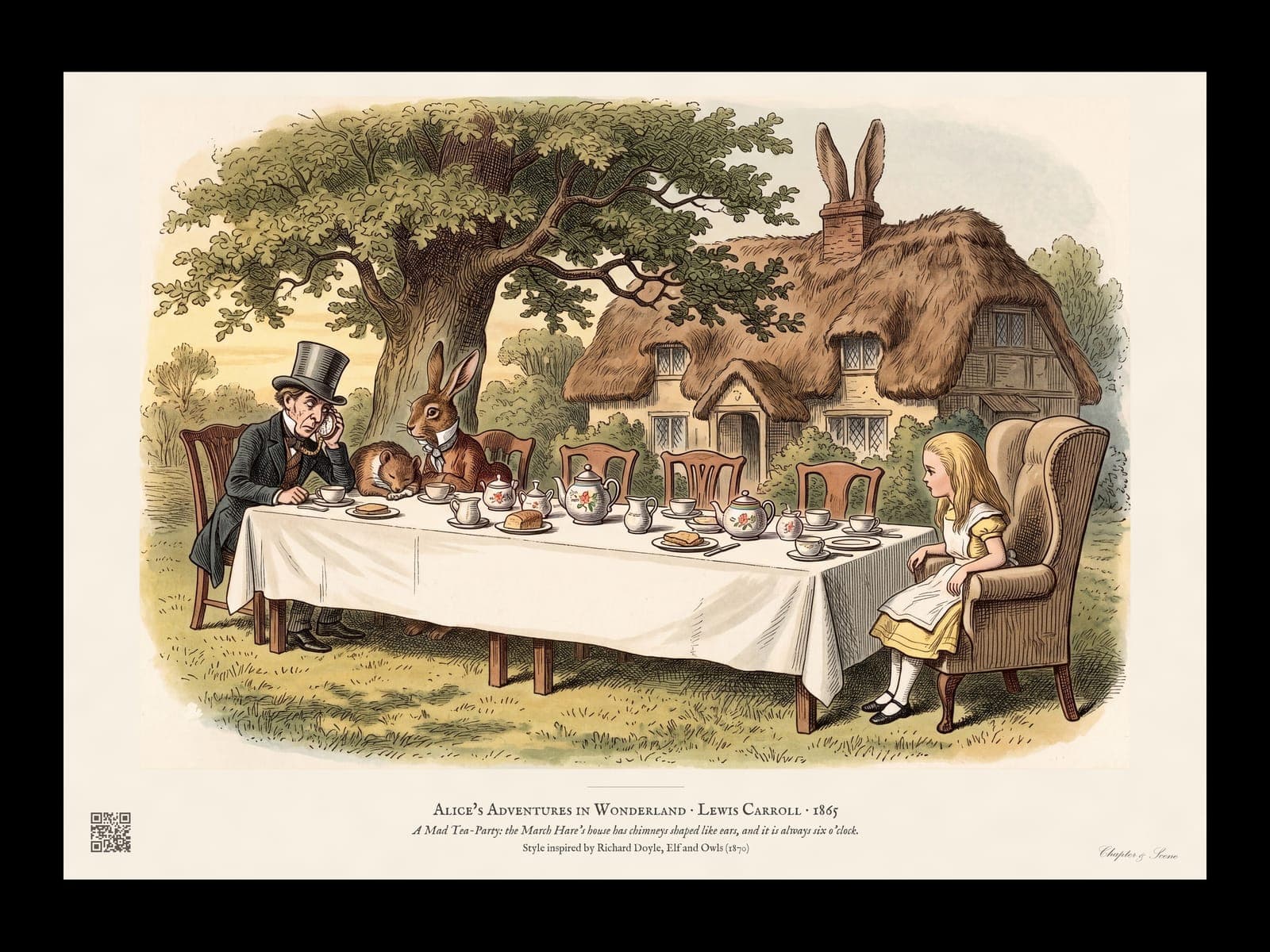 Alice in Wonderland art print in Victorian colour wood engraving style: the Mad Tea-Party, with the Hatter, the March Hare and the sleeping Dormouse at a long table, Alice in a big armchair and the ear-chimneyed house behind. Shown framed in black, white or natural oak and unframed, with the style reference and behind-the-scenes shots.