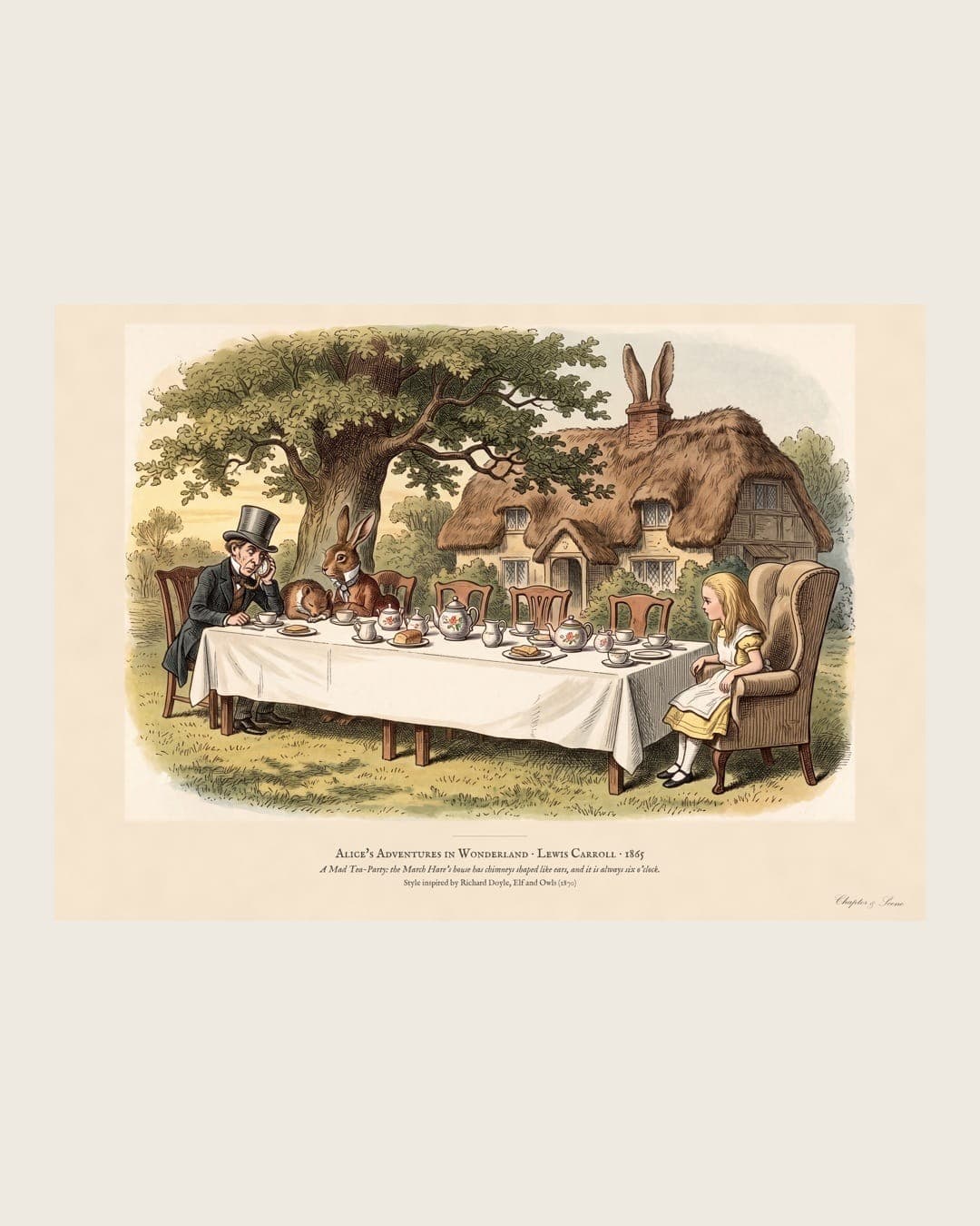 Alice in Wonderland art print in Victorian colour wood engraving style: the Mad Tea-Party, with the Hatter, the March Hare and the sleeping Dormouse at a long table, Alice in a big armchair and the ear-chimneyed house behind. Shown framed in black, white or natural oak and unframed, with the style reference and behind-the-scenes shots.