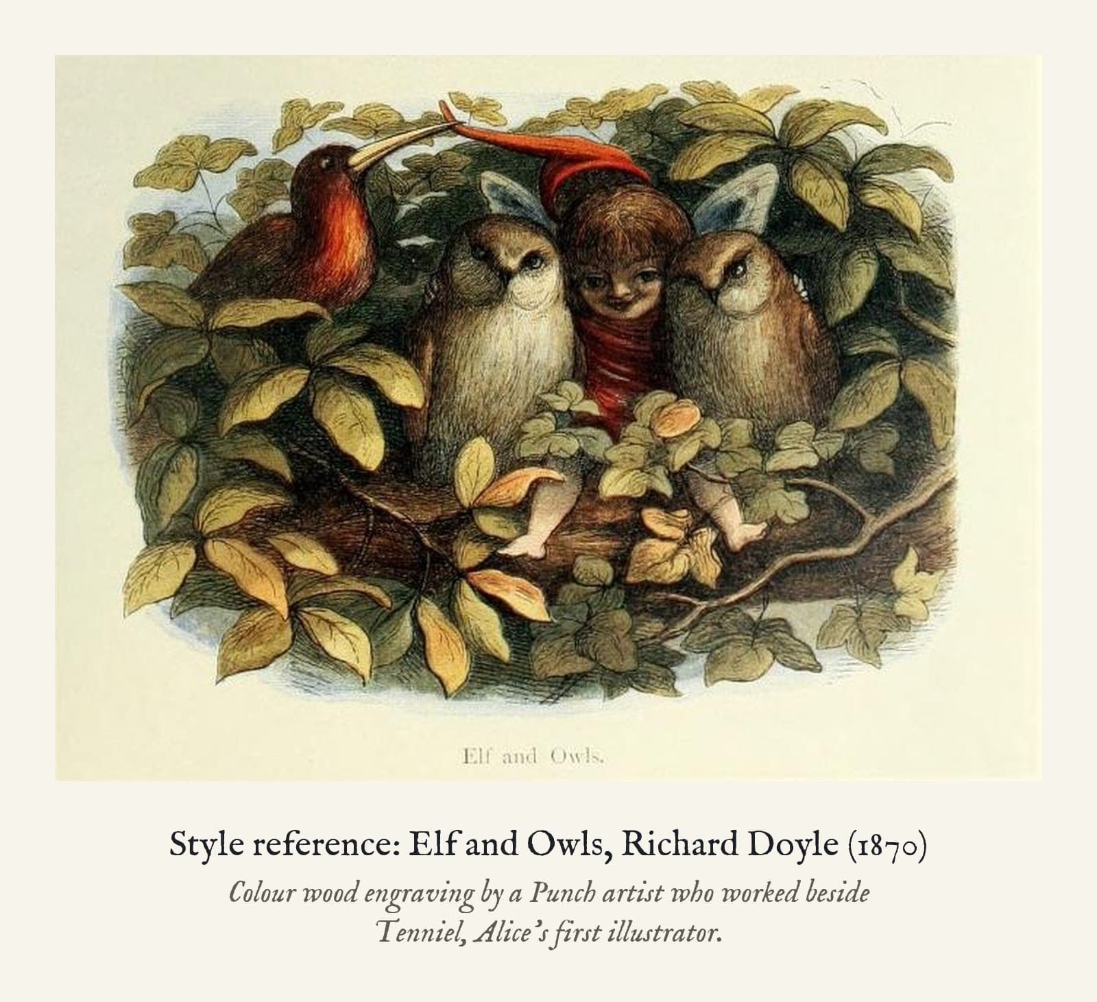 Style reference: Elf and Owls, Richard Doyle (1870). Colour wood engraving by a Punch artist who worked beside Tenniel, Alice's first illustrator.