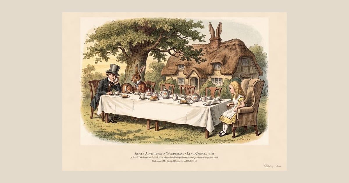 Alice in Wonderland art print in Victorian colour wood engraving style: the Mad Tea-Party, with the Hatter, the March Hare and the sleeping Dormouse at a long table, Alice in a big armchair and the ear-chimneyed house behind. Shown framed in black, white or natural oak and unframed, with the style reference and behind-the-scenes shots.