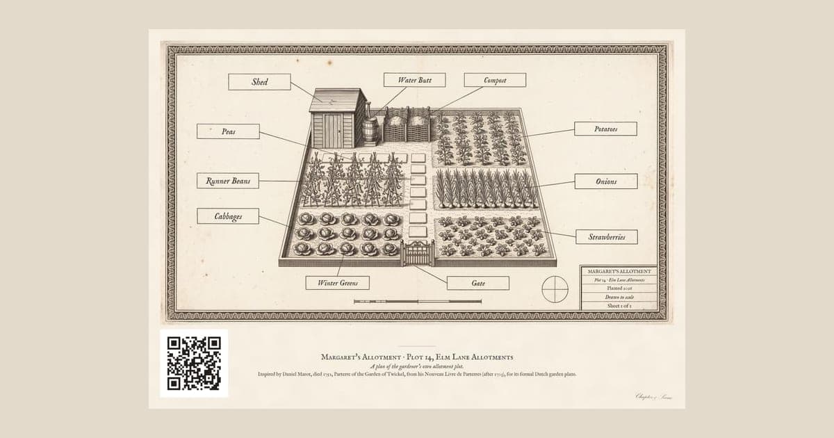 Personalised allotment plan print in blue-and-white technical lines: a blueprint of an allotment with numbered beds, a shed, water butt and compost heap, and a title block for the site name, plot number and owner.