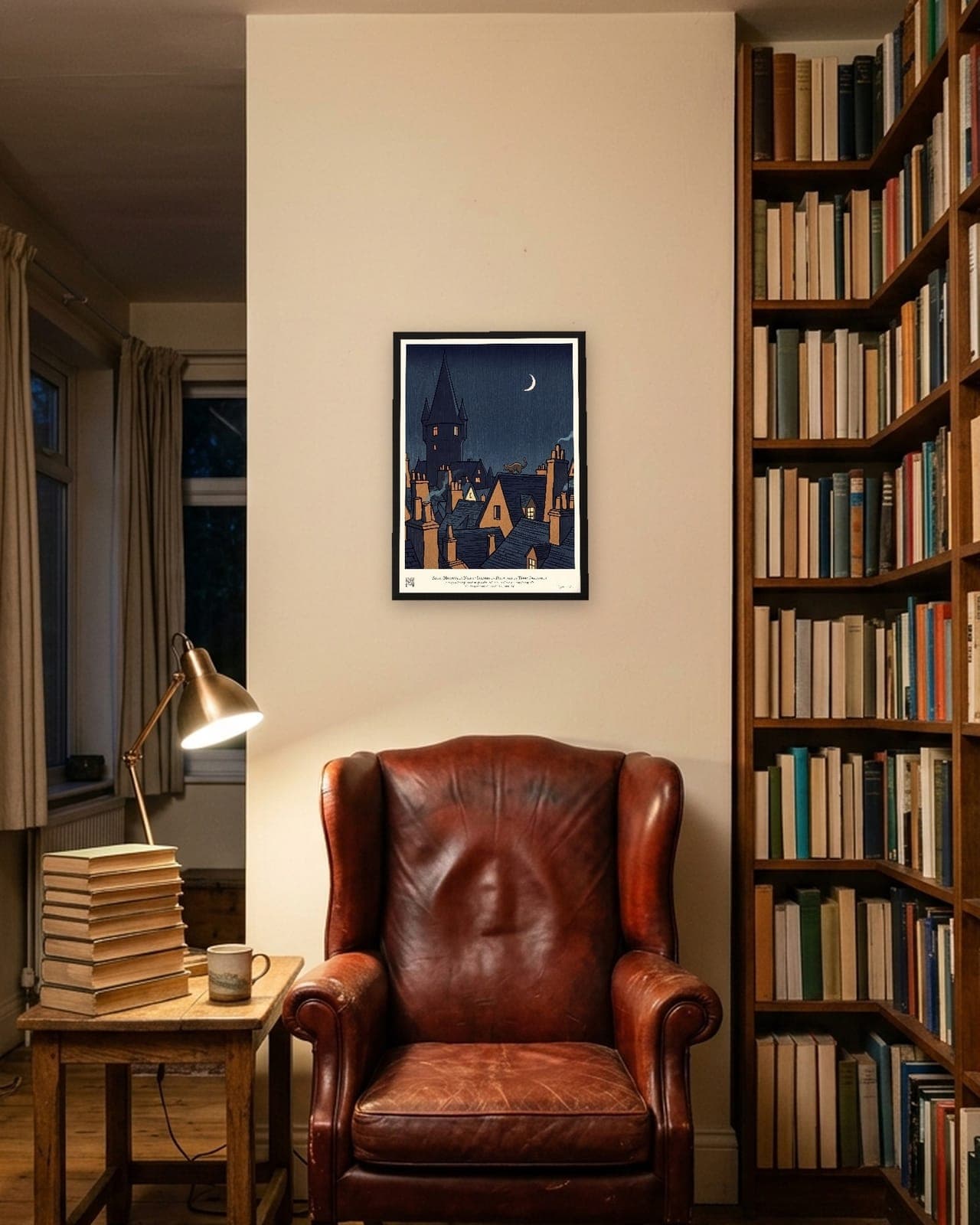 Ankh-Morpork by Night: Black frame A3, library wall, leather chair