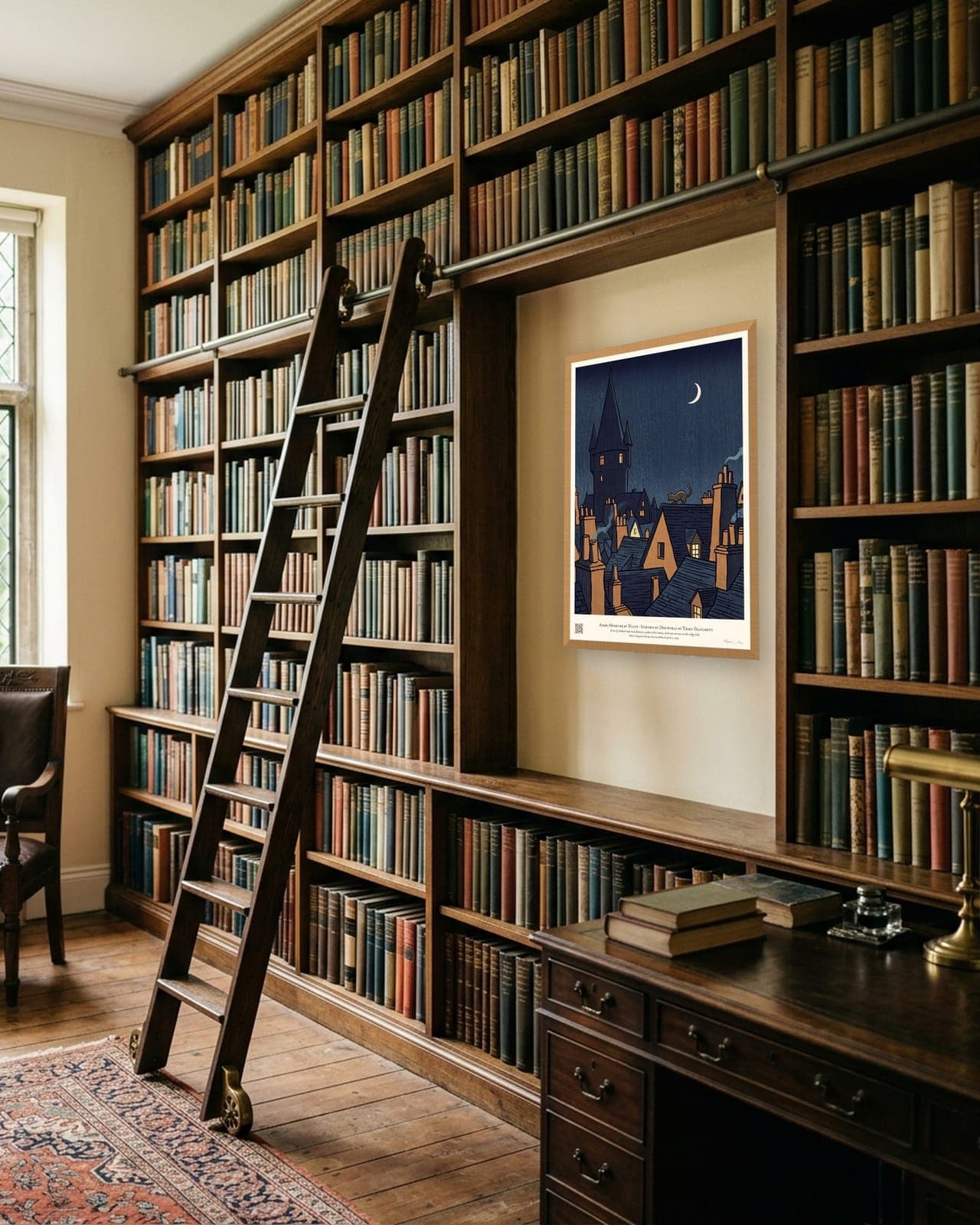 Ankh-Morpork by Night: Natural oak frame, A3, library ladder