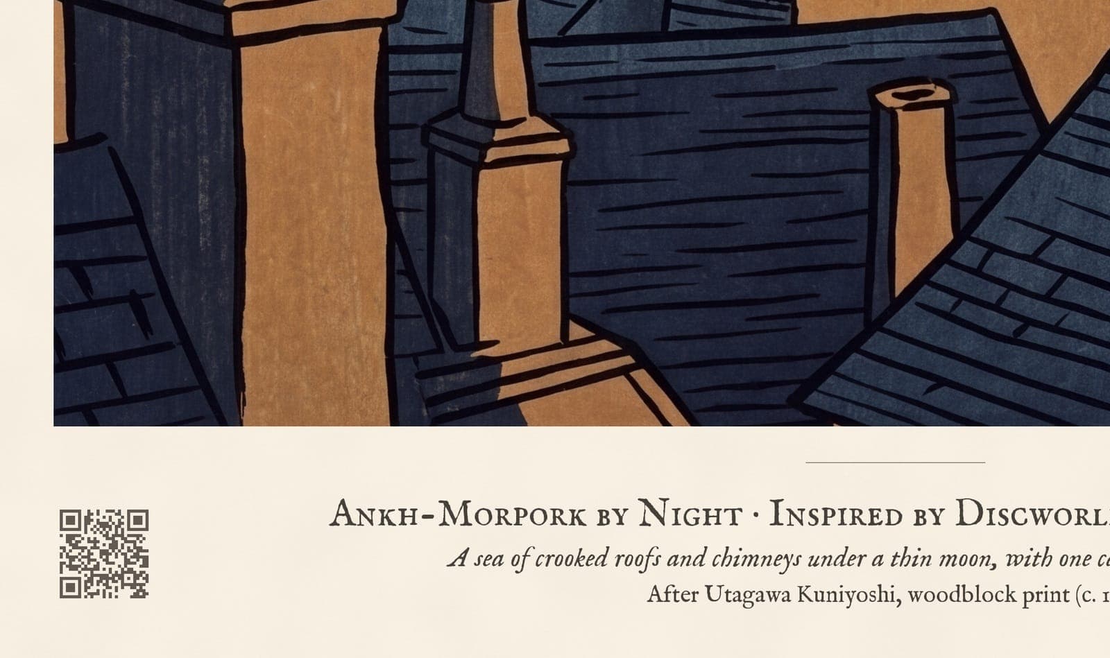 Ankh-Morpork by Night: Close-up of the sheet: the caption and the QR code to the story