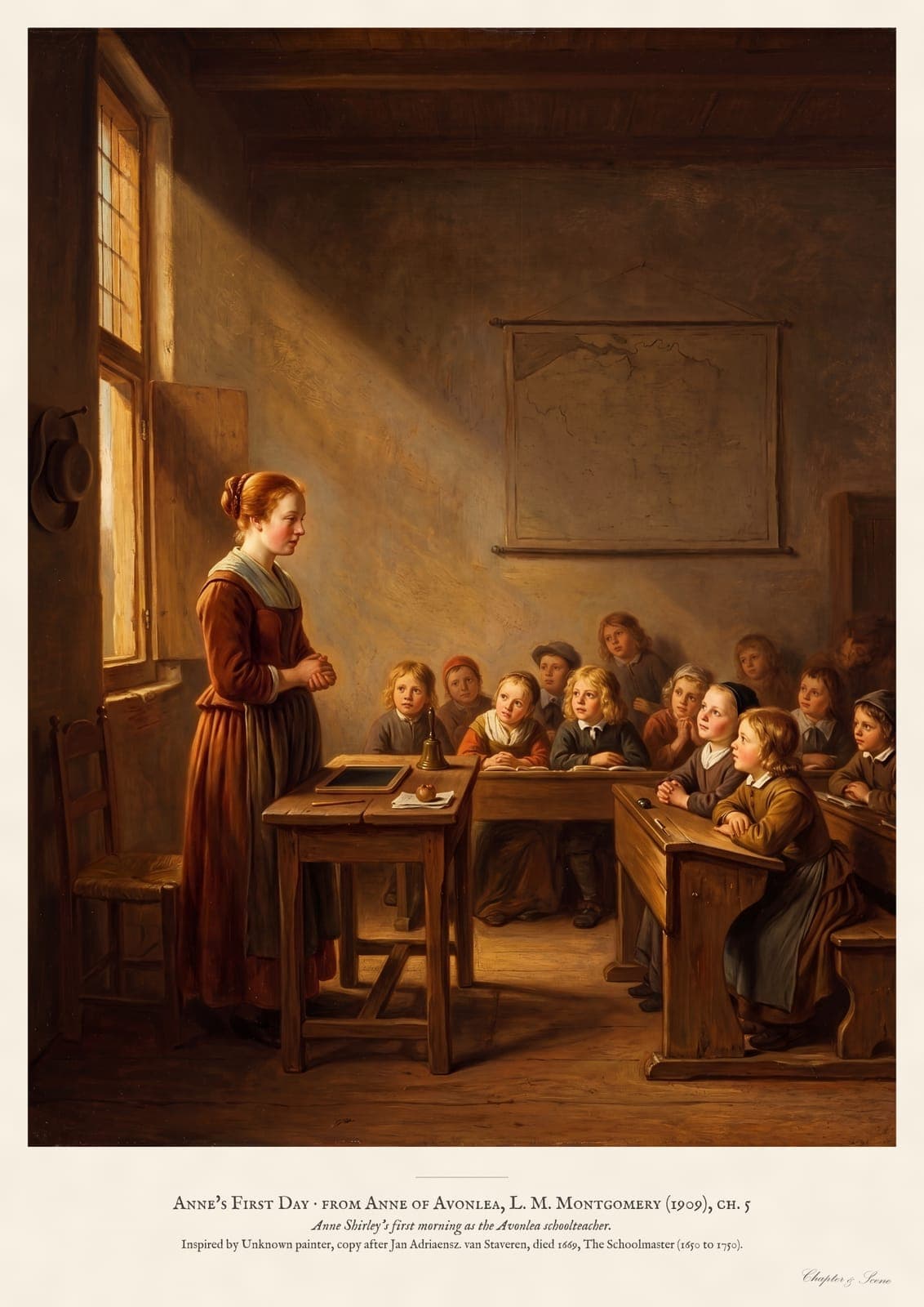 Anne of Avonlea art print in soft painted morning light: a young teacher stands at the front of a one-room schoolhouse facing neat rows of children, her hat hung up, trying not to look nervous.