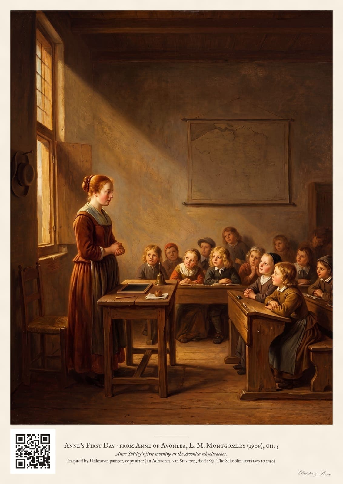 Anne of Avonlea art print in soft painted morning light: a young teacher stands at the front of a one-room schoolhouse facing neat rows of children, her hat hung up, trying not to look nervous.