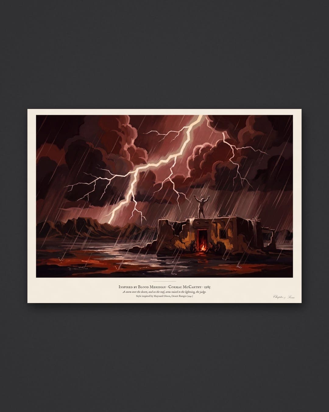 Blood Meridian art print in 1930s Southwest desert painting style: a pale figure stands on the roof of a ruined adobe with arms raised to the lightning, men round a fire in the doorway below, rain over the desert. Shown framed in black, white or natural oak and unframed, with the style reference and behind-the-scenes shots.