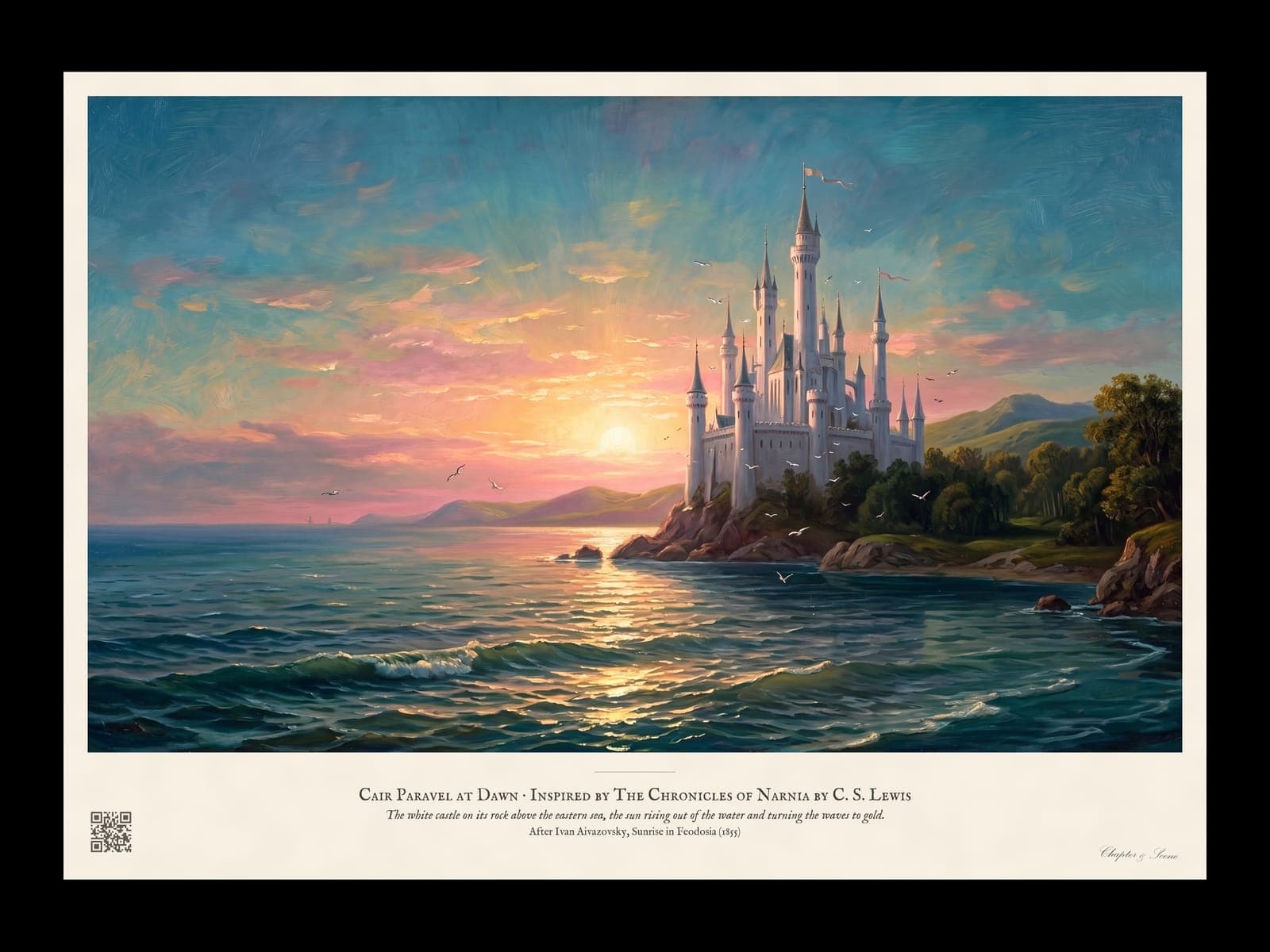 Cair Paravel at Dawn art print in the style of an Aivazovsky seascape: a tall white castle with slender towers on a rocky headland above the sea, the sun rising in a pink, gold and turquoise sky, gulls and gentle waves on a pale beach.