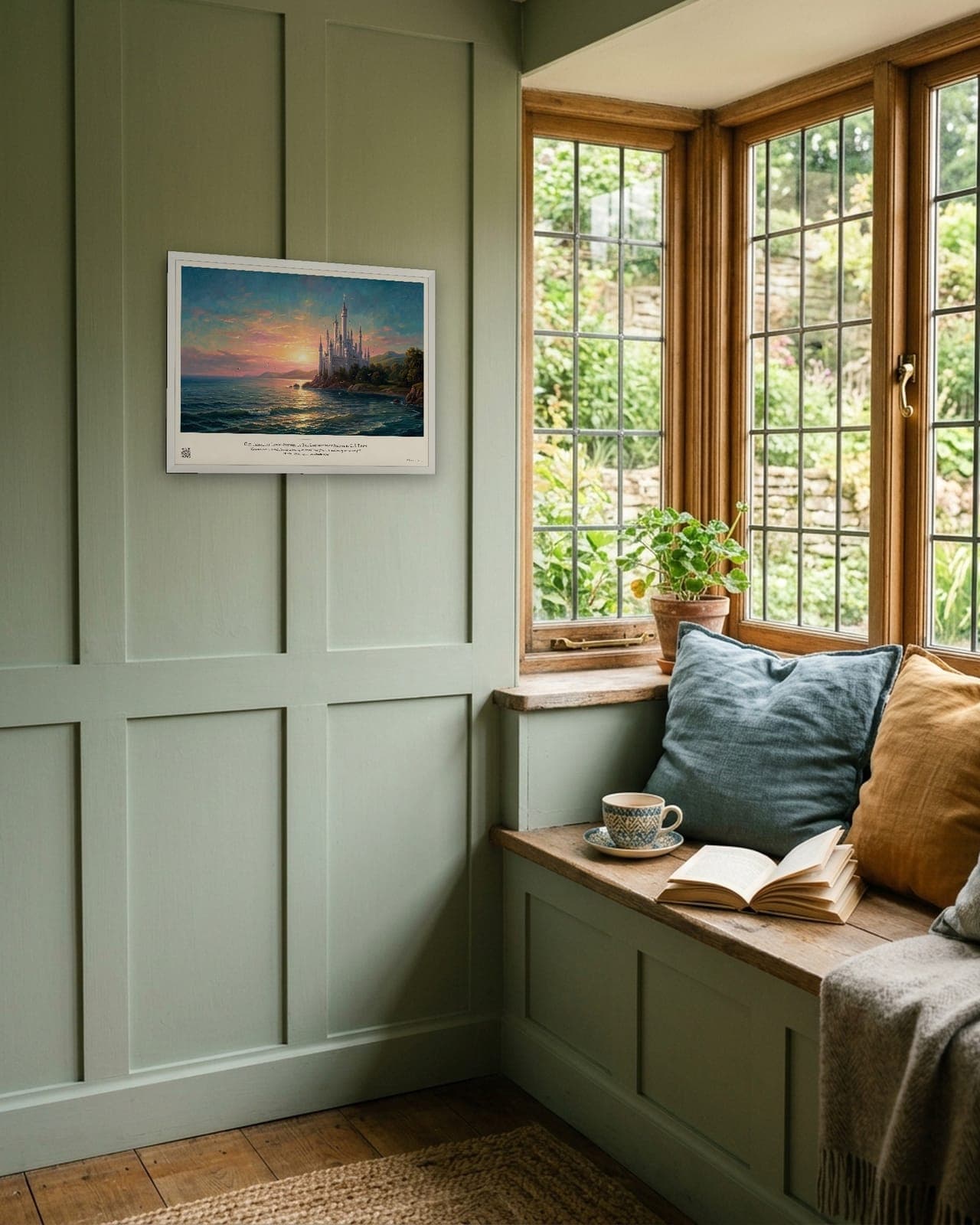Cair Paravel at Dawn: White frame, A3, window seat, panelled wall