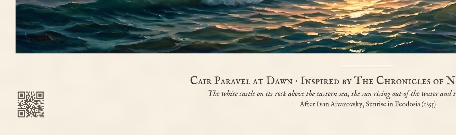 Cair Paravel at Dawn: Close-up of the sheet: the caption and the QR code to the story