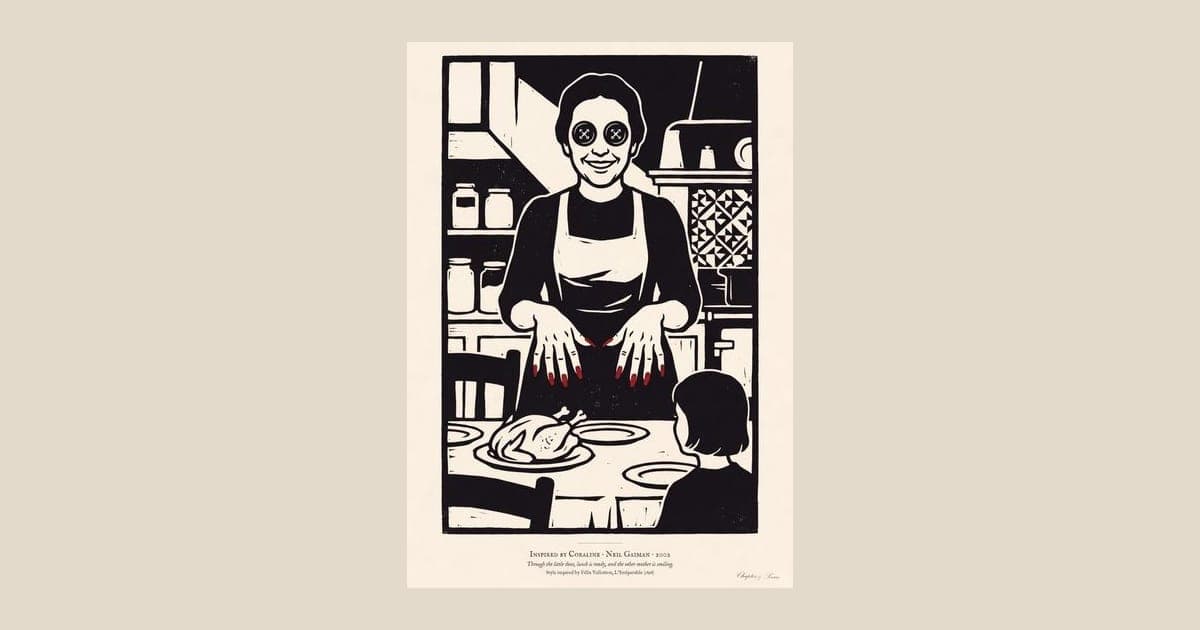 Coraline inspired art print in black woodcut style: the Other Mother with black button eyes and red fingernails smiles over a roast chicken as Coraline, seen from behind, sits at the table. Shown framed in black, white or natural oak and unframed, with the style reference and behind-the-scenes shots.