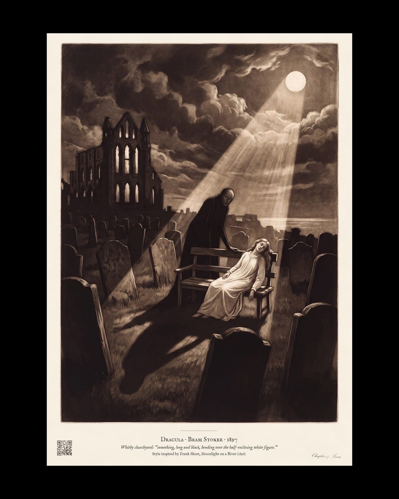 Dracula art print in Victorian mezzotint style: Whitby churchyard by moonlight, a long dark figure bending over Lucy asleep on a seat, with the ruins of Whitby Abbey behind. Shown framed in black, white or natural oak and unframed, with the style reference and behind-the-scenes shots.