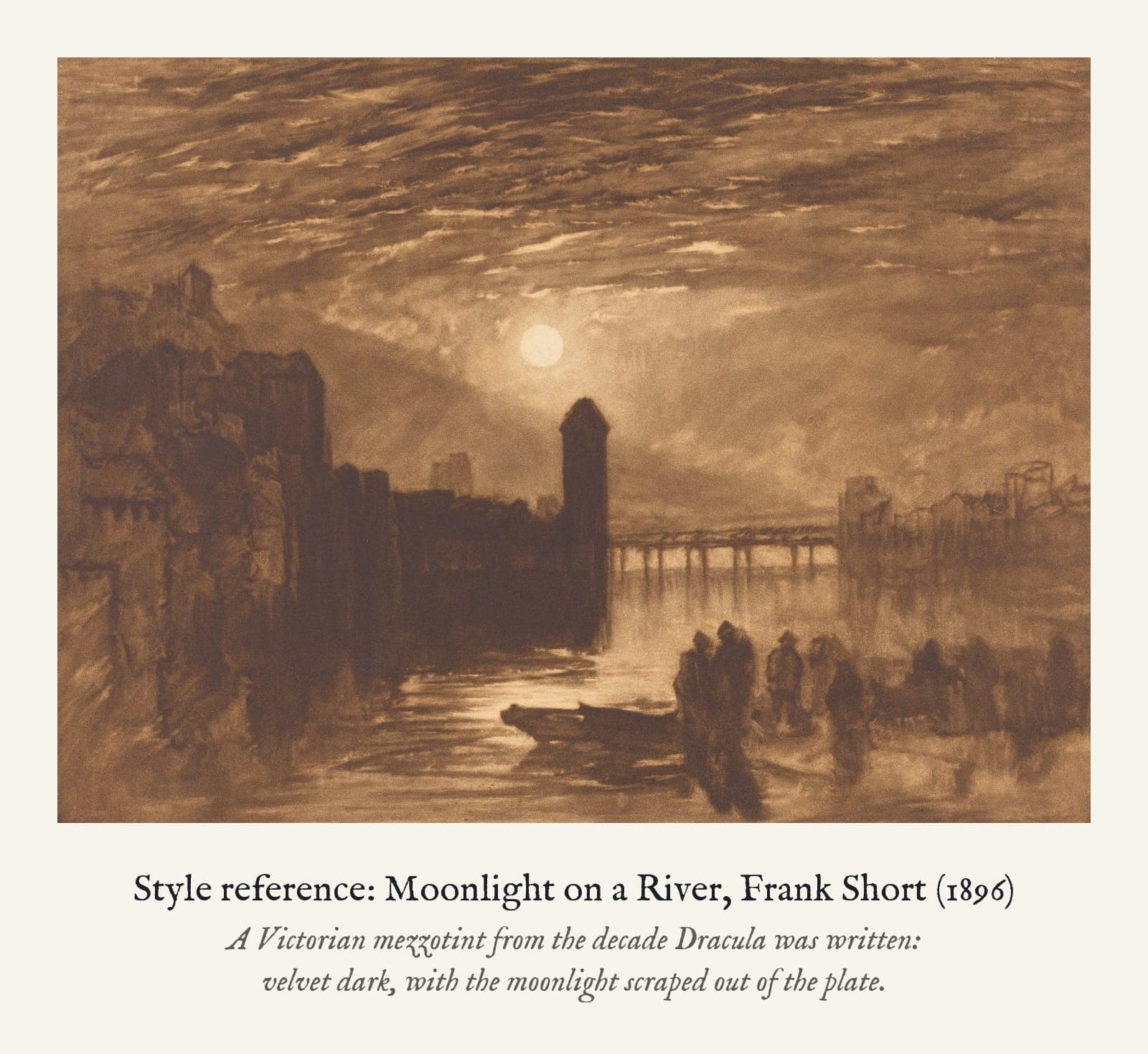 Style reference: Moonlight on a River, Frank Short (1896). A Victorian mezzotint from the decade Dracula was written: velvet dark, with the moonlight scraped out of the plate.