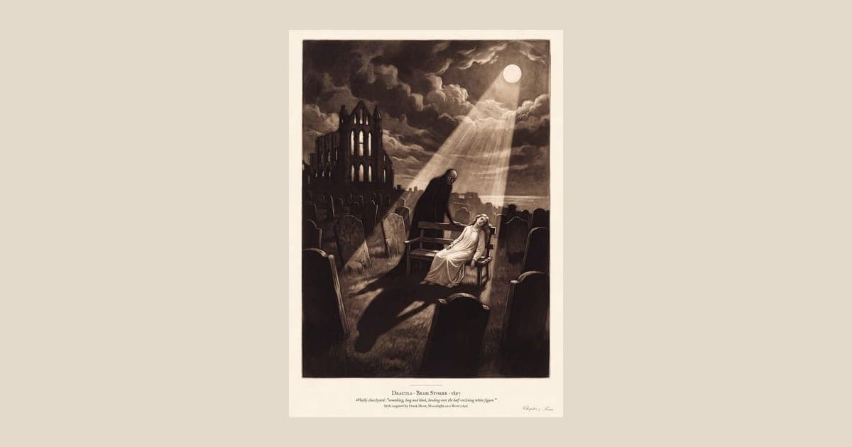 Dracula art print in Victorian mezzotint style: Whitby churchyard by moonlight, a long dark figure bending over Lucy asleep on a seat, with the ruins of Whitby Abbey behind. Shown framed in black, white or natural oak and unframed, with the style reference and behind-the-scenes shots.