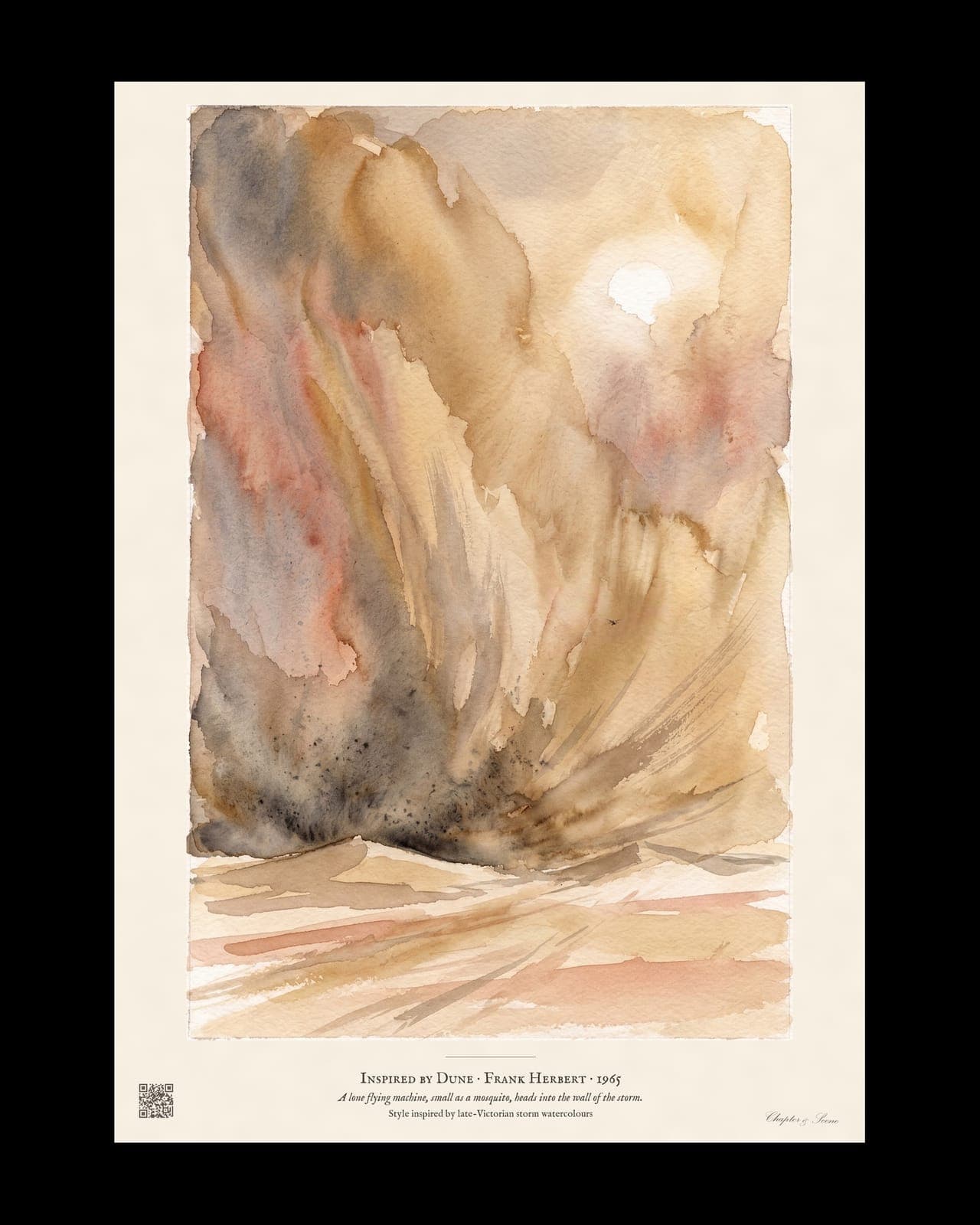 Dune inspired art print in watercolour style: a towering desert sandstorm with a pale sun behind it and one tiny flying machine heading into it. Shown framed in black, white or natural oak and unframed, with the style reference and behind-the-scenes shots.