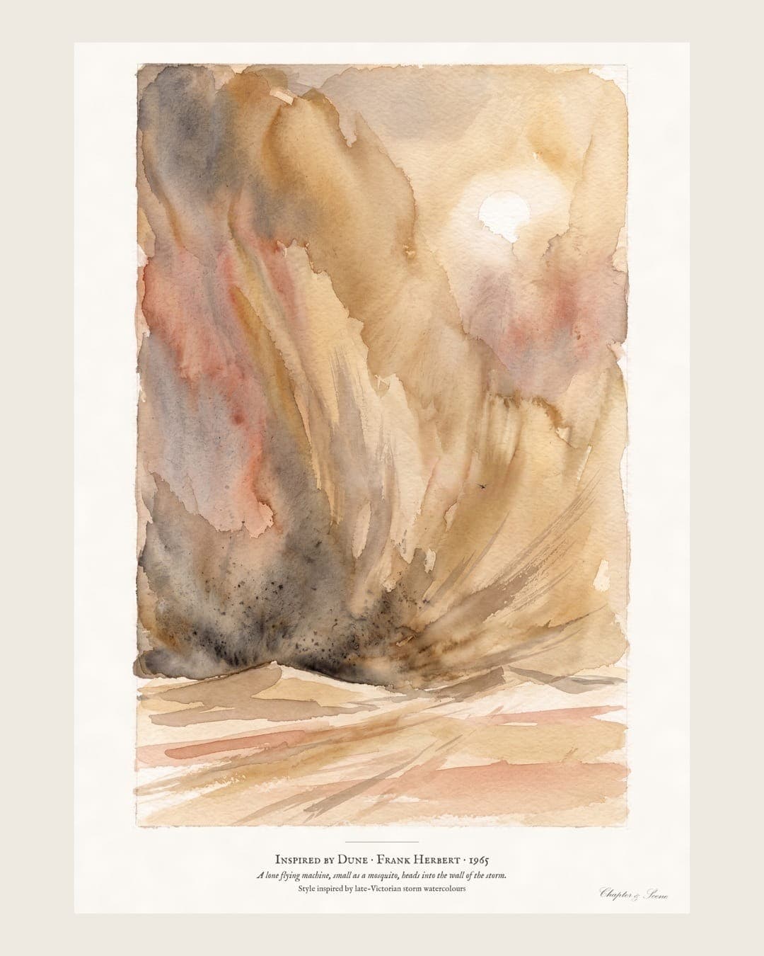 Dune inspired art print in watercolour style: a towering desert sandstorm with a pale sun behind it and one tiny flying machine heading into it. Shown framed in black, white or natural oak and unframed, with the style reference and behind-the-scenes shots.