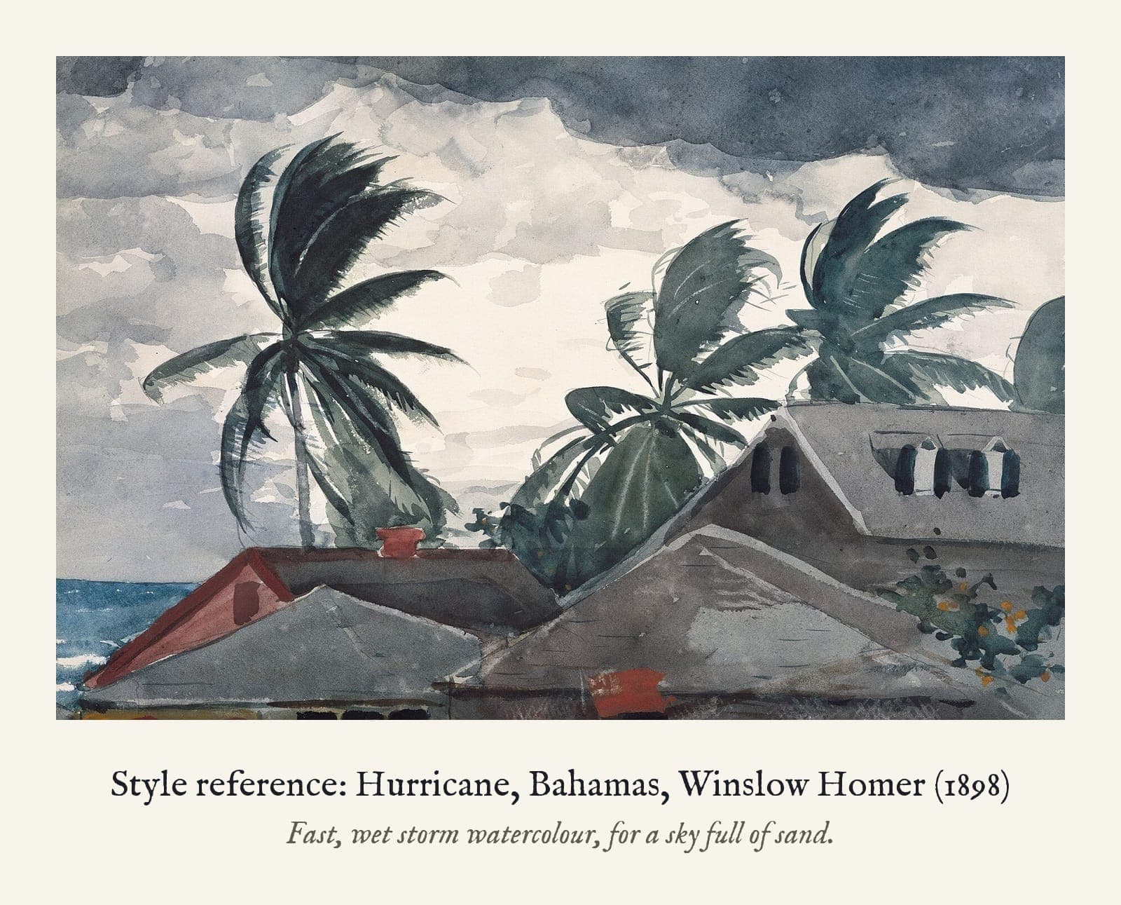 Style reference: Hurricane, Bahamas, Winslow Homer (1898). Fast, wet storm watercolour, for a sky full of sand.