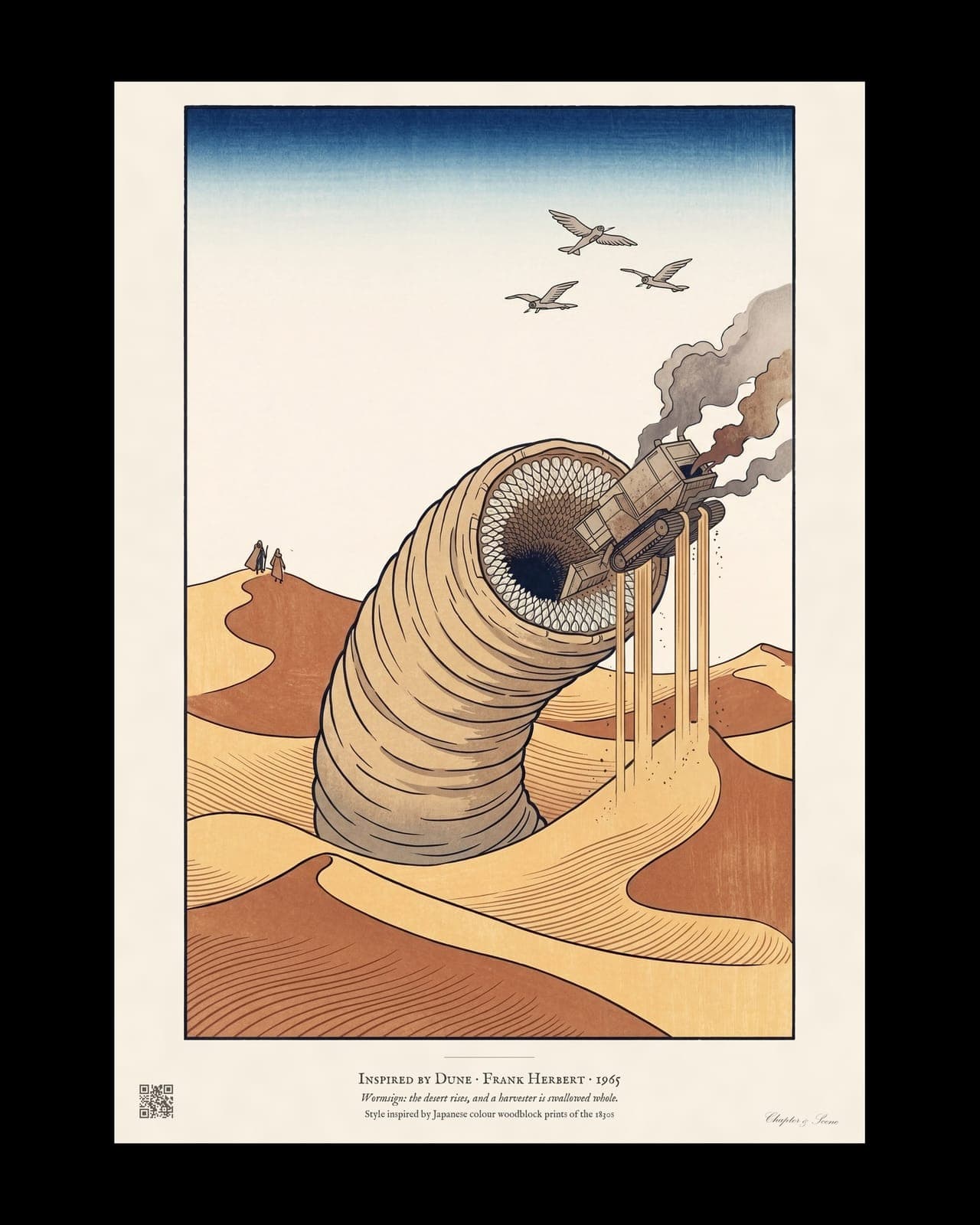 Dune inspired art print of a giant sandworm rising out of the desert and swallowing a spice harvester, in the style of a 1830s Japanese colour woodblock: crisp outlines, flat colour, visible woodgrain and a soft blue sky fading to cream. Two tiny cloaked figures watch from a far dune. Shown framed and unframed in A4 and A3, with the Chapter & Scene signature in the margin.