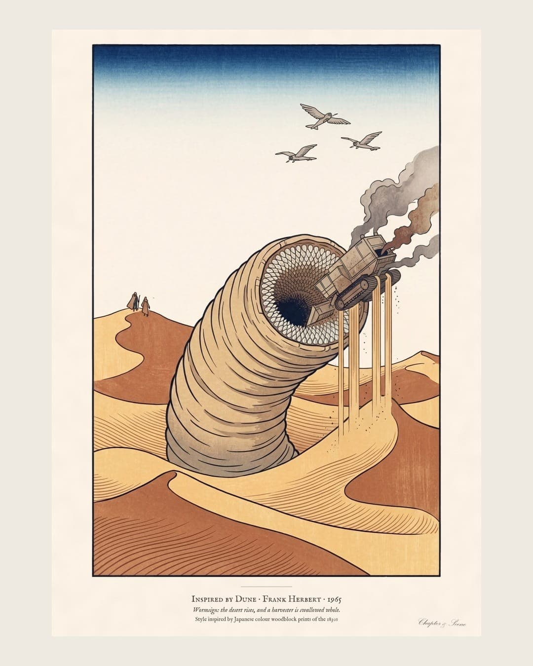 Dune inspired art print in Japanese woodblock style: a giant sandworm rising from the dunes to swallow a spice harvester, with flying machines circling and two tiny cloaked figures watching from a dune.
