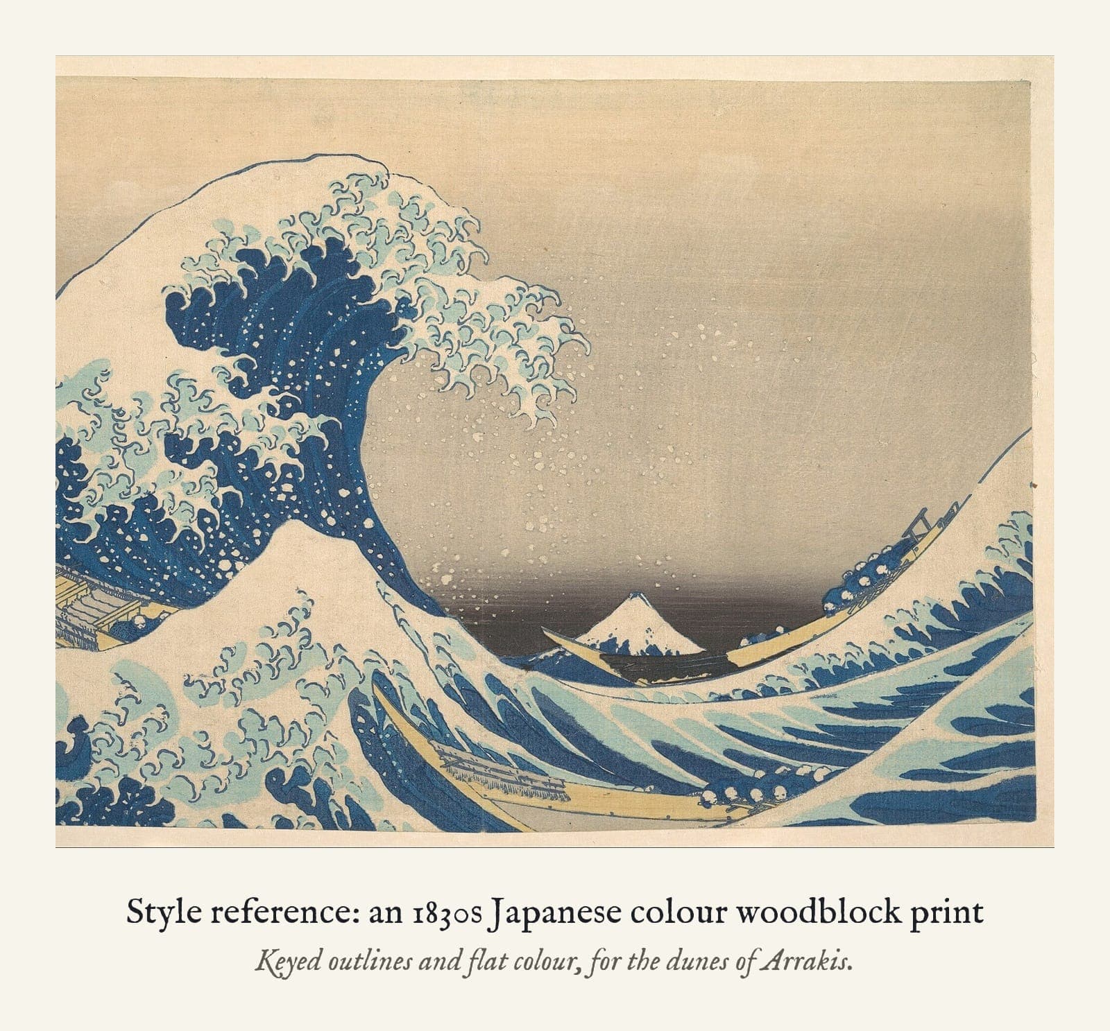 Style reference: an 1830s Japanese colour woodblock print. Keyed outlines and flat colour, for the dunes of Arrakis.