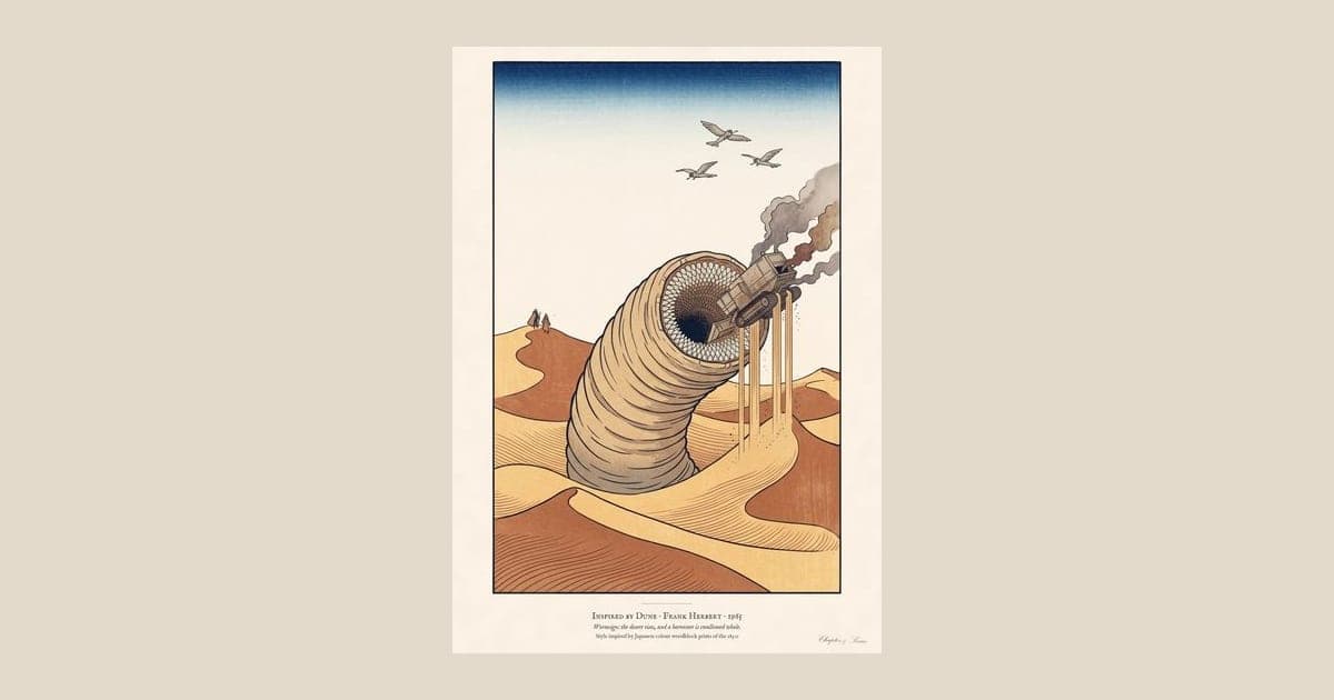 Dune inspired art print in Japanese woodblock style: a giant sandworm rising from the dunes to swallow a spice harvester, with flying machines circling and two tiny cloaked figures watching from a dune.