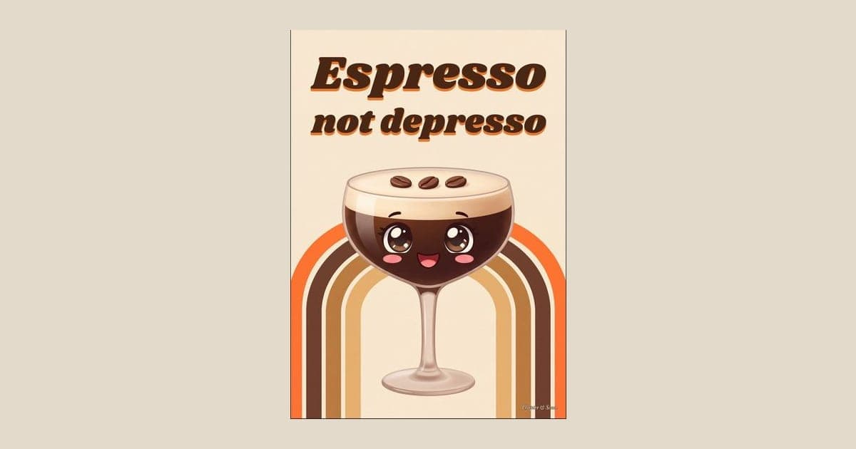 Espresso not depresso print: a cute espresso martini character with big sparkly anime eyes and three coffee beans on its foam, in front of a 70s rainbow arch in tangerine, coffee brown and caramel. Shown framed in black, white or natural oak and unframed, with behind-the-scenes shots.