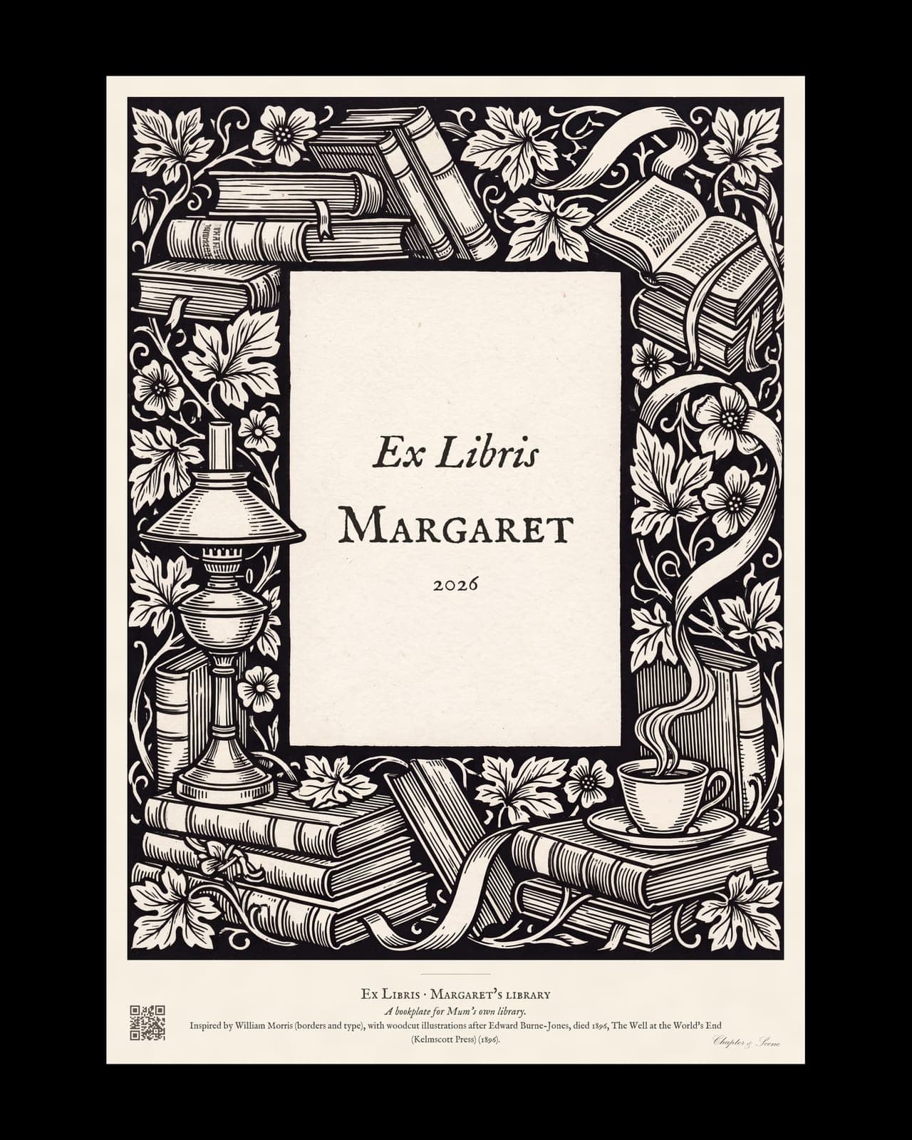 Personalised ex libris bookplate print in engraved ink on cream: a border of stacked books, a reading lamp and a cup of tea, with Ex Libris above and a mum's name and a year set in the centre.