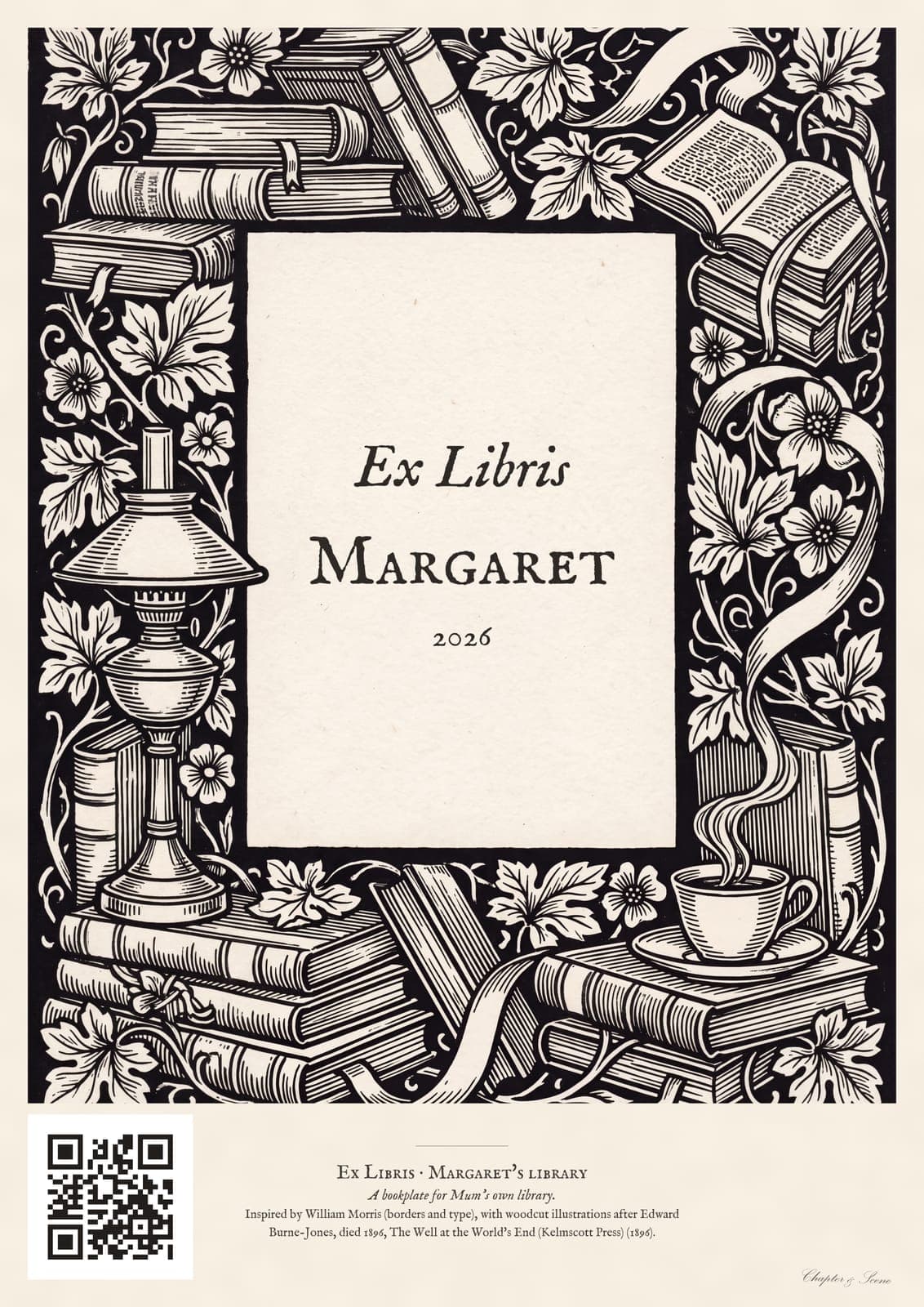 Personalised ex libris bookplate print in engraved ink on cream: a border of stacked books, a reading lamp and a cup of tea, with Ex Libris above and a mum's name and a year set in the centre.