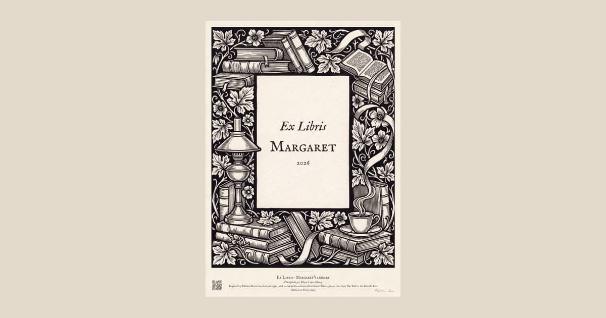 Personalised ex libris bookplate print in engraved ink on cream: a border of stacked books, a reading lamp and a cup of tea, with Ex Libris above and a mum's name and a year set in the centre.