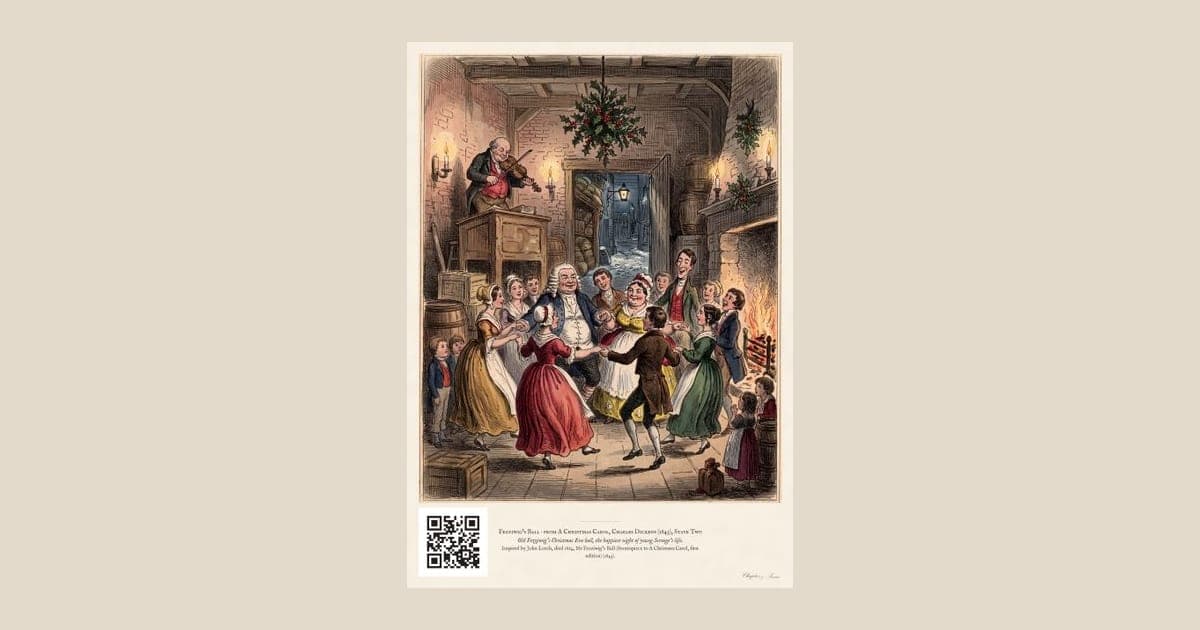 A Christmas Carol art print in warm candlelit Victorian painting: a cleared warehouse with a fiddler on a desk, Mr and Mrs Fezziwig leading the reel and young Scrooge laughing among the dancing apprentices.