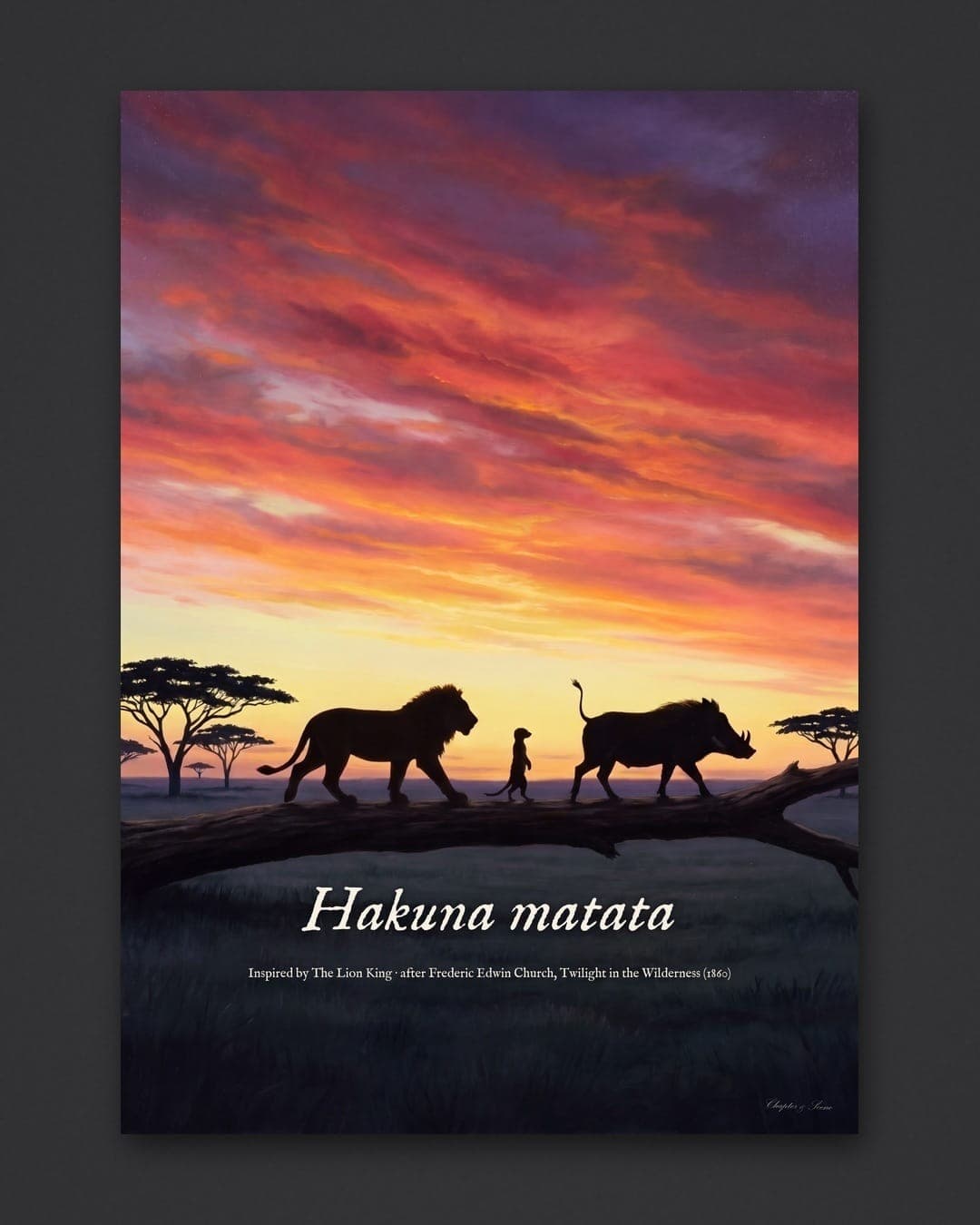 Hakuna matata quote print: a lion, a meerkat and a warthog in silhouette walk along a fallen log under a blazing orange and gold sunset sky, the words hakuna matata set in elegant italic across the sky. Shown framed in black, white or natural oak and unframed, with the style reference and behind-the-scenes shots.