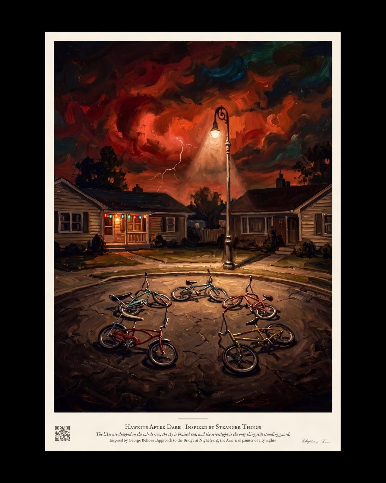 Hawkins After Dark art print in the style of a Bellows night painting: five bicycles lying in a ring on a cracked cul-de-sac under one streetlight, a porch hung with coloured Christmas lights and a swirling red sky with a thin lightning bolt.