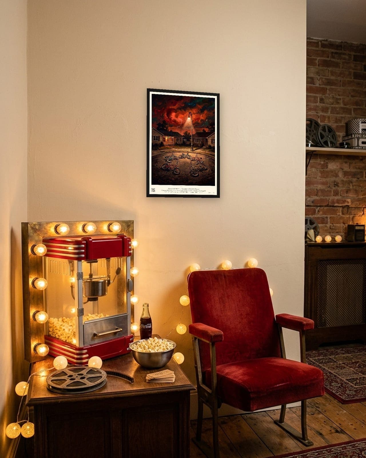 Hawkins After Dark: Black frame A3, retro cinema corner