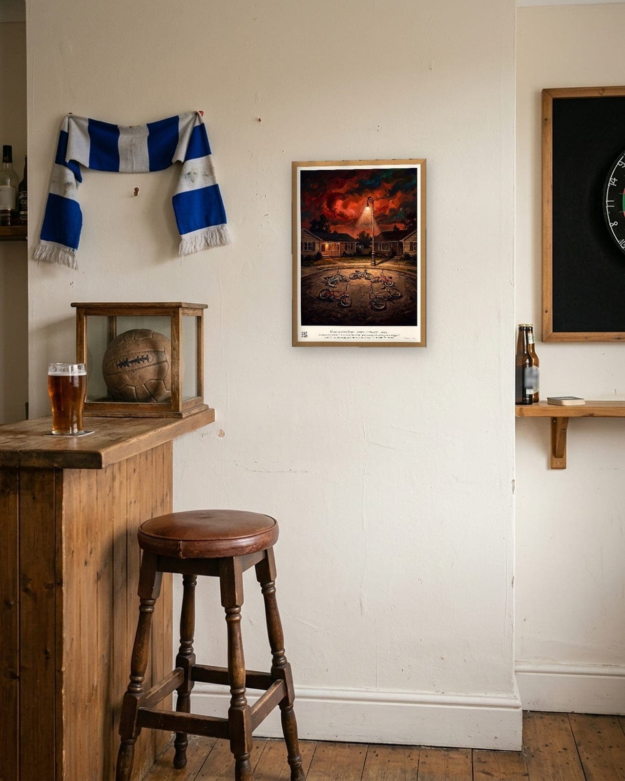 Hawkins After Dark: Natural oak frame, A3, football bar corner
