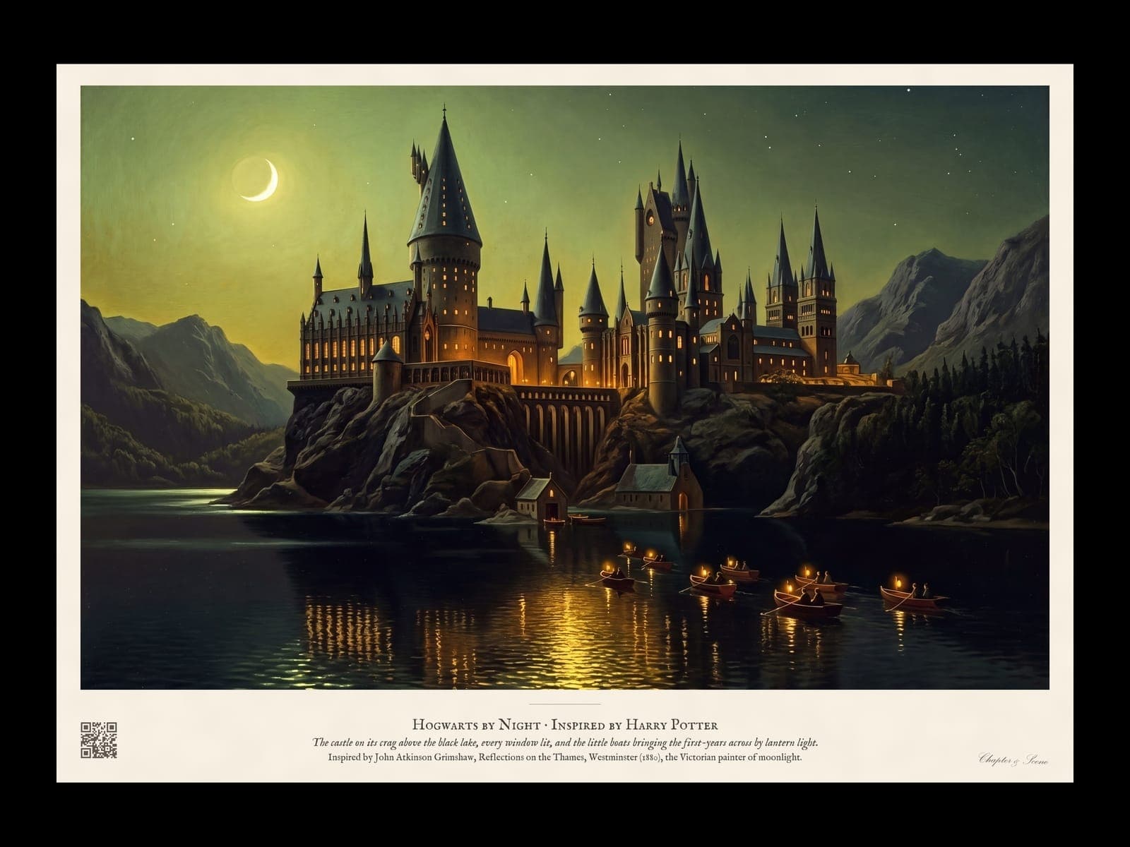 Hogwarts by Night art print in the style of a Victorian moonlit oil painting: a castle with lit windows and tall towers on a crag above a dark lake under a crescent moon, with six small lantern boats crossing the water and mountains and pines either side.