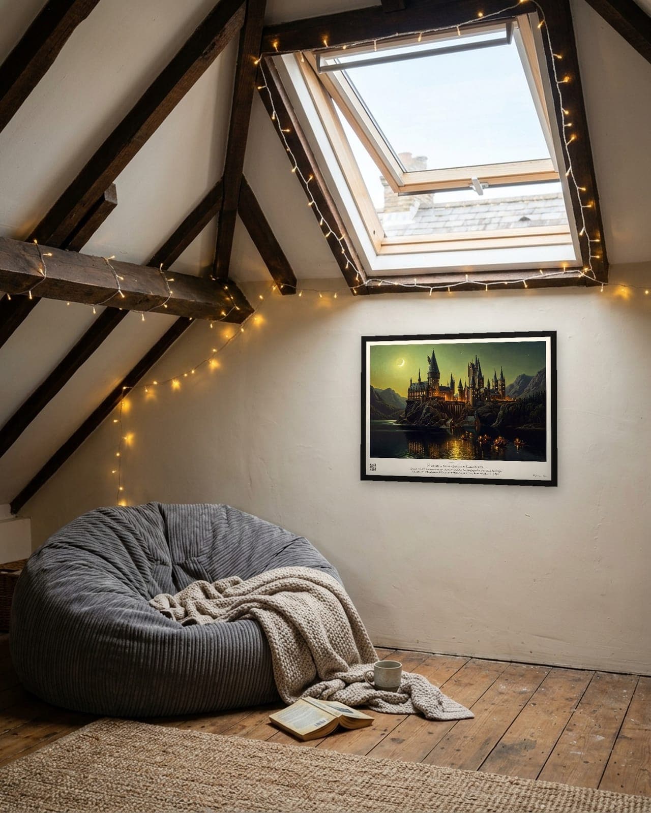 Hogwarts by Night: Black frame A3, attic reading loft