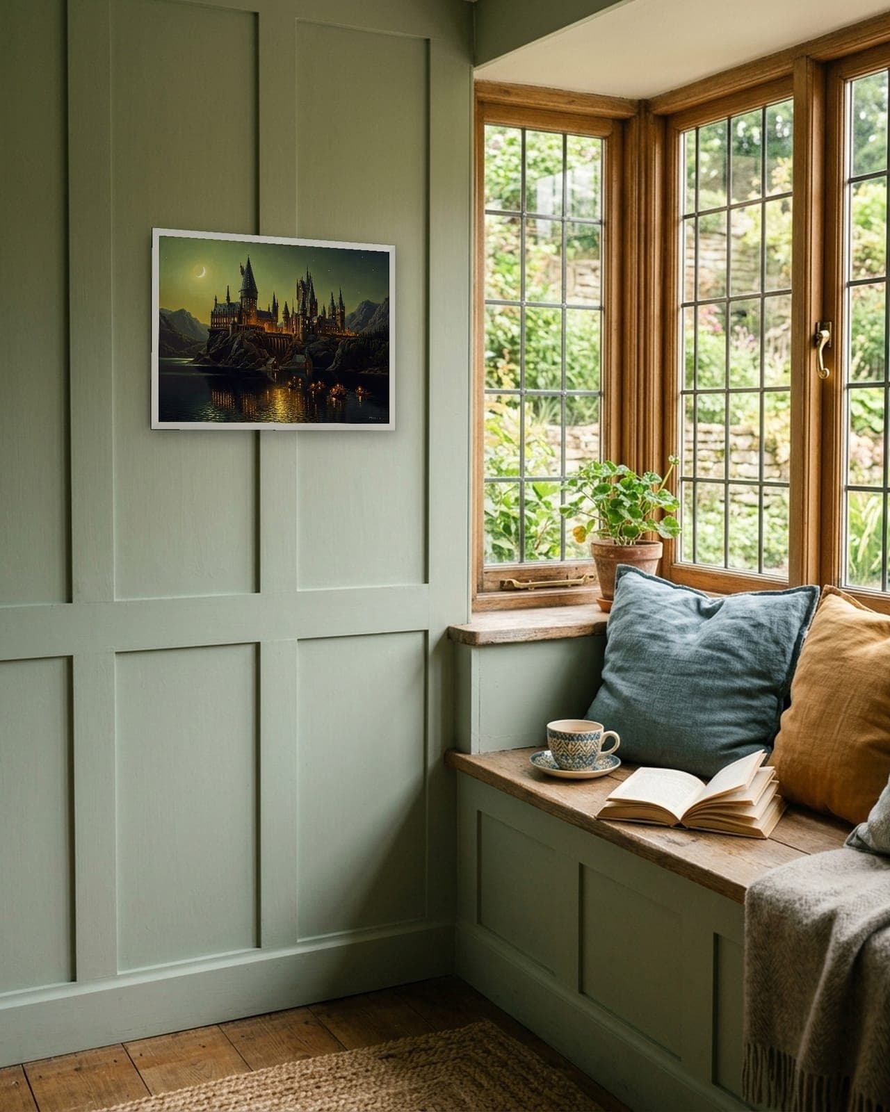 Hogwarts by Night: White frame, A3, window seat, panelled wall, full bleed