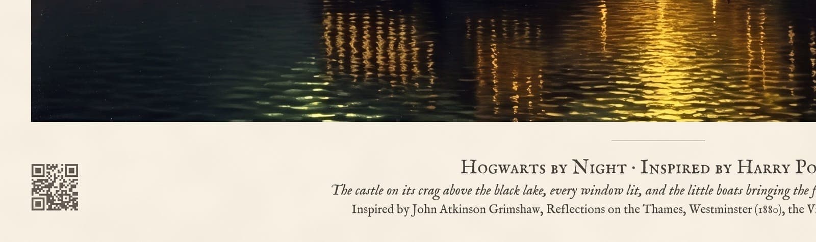 Hogwarts by Night: Close-up of the sheet: the caption and the QR code to the story
