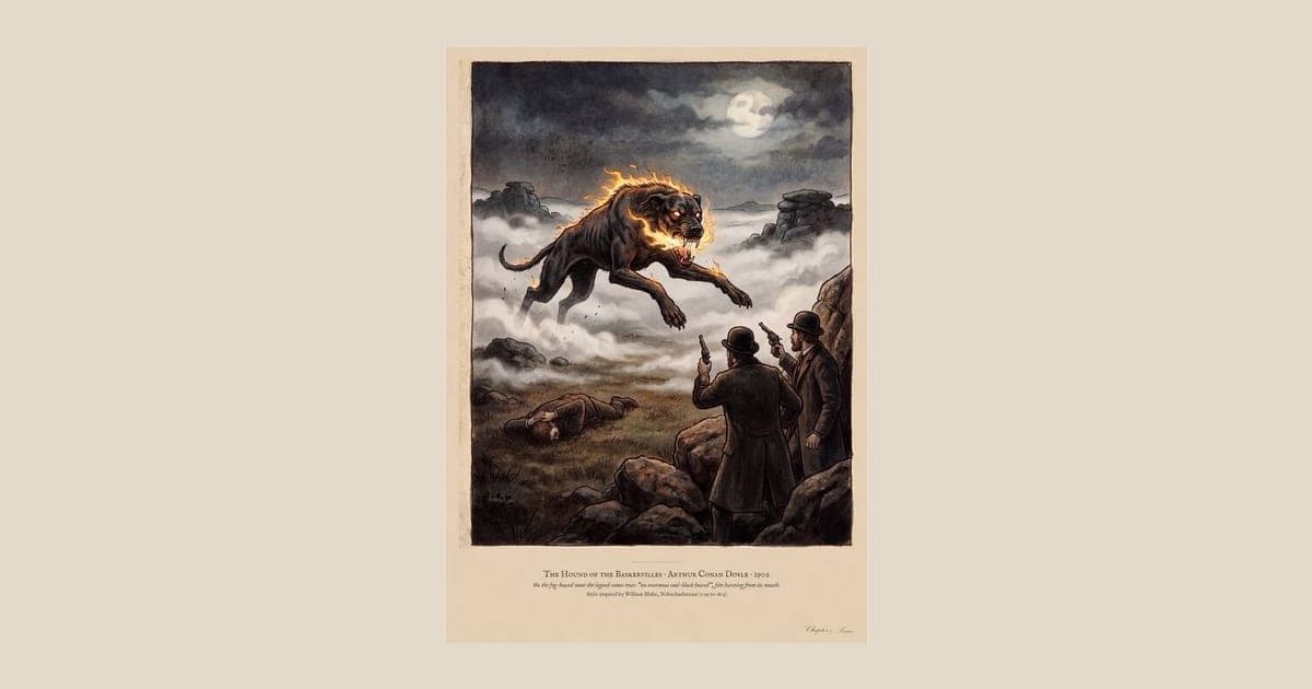 Hound of the Baskervilles art print in a 1790s colour print style: a huge black hound bursts out of the fog on Dartmoor under a full moon as two men with revolvers rise from the rocks. Shown framed in black, white or natural oak and unframed, with the style reference and behind-the-scenes shots.
