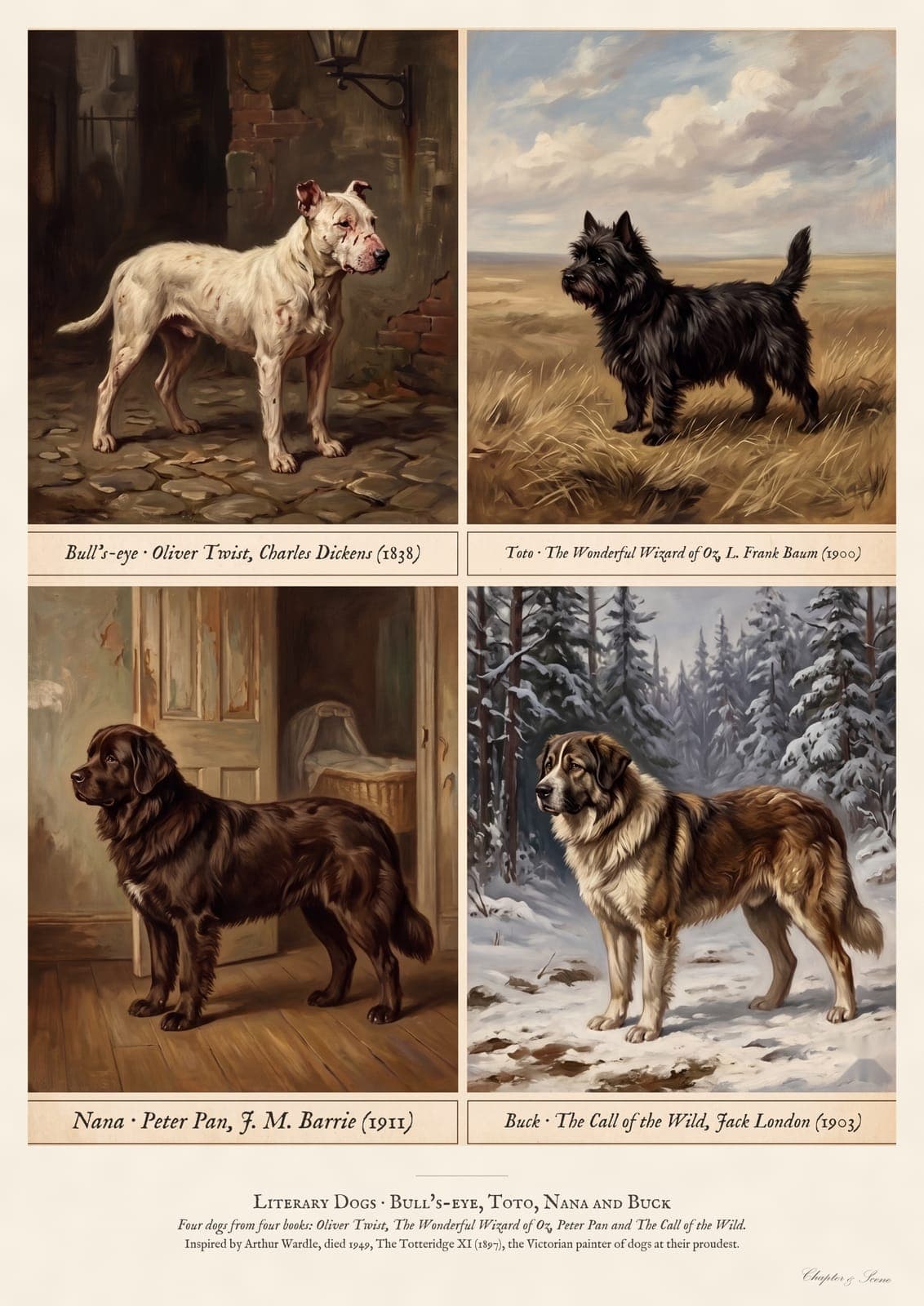 Literary Dogs print in the style of a Victorian dog portrait: four vintage breed plates of Bull's-eye, Toto, Nana and Buck, each labelled with its dog's name, its book and author, on cream paper.